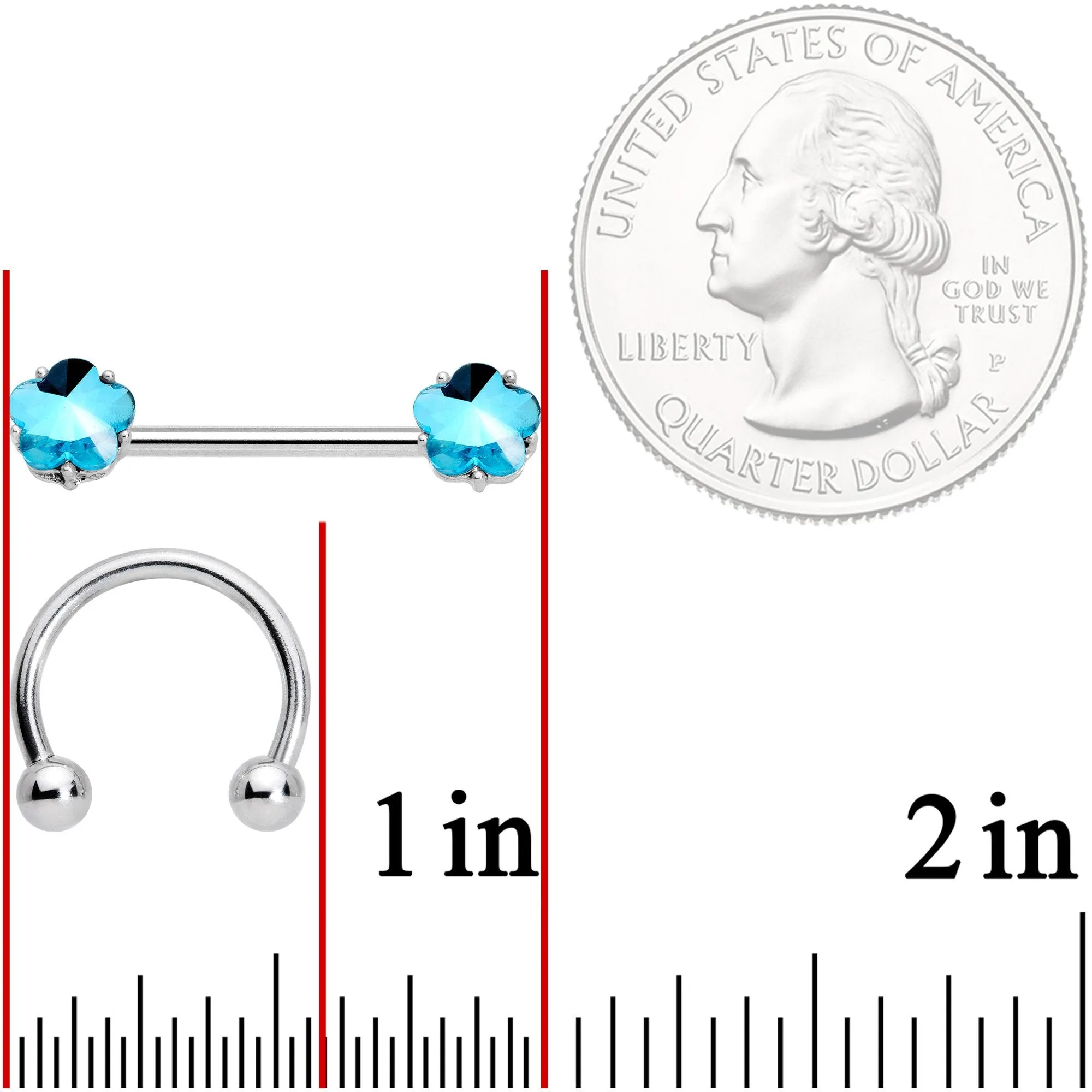 14 Gauge 9/16 1/2 Aqua Gem Flower Horseshoe Barbell Nipple Ring Set