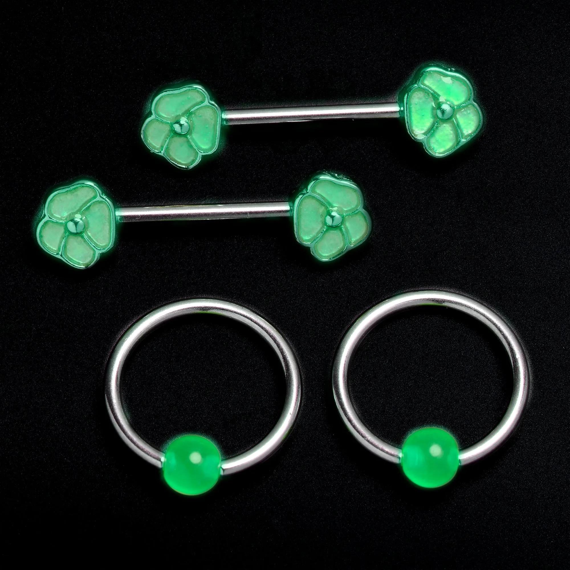 14 Gauge 9/16 1/2 Pink Flower Glow BCR Barbell Nipple Ring Set