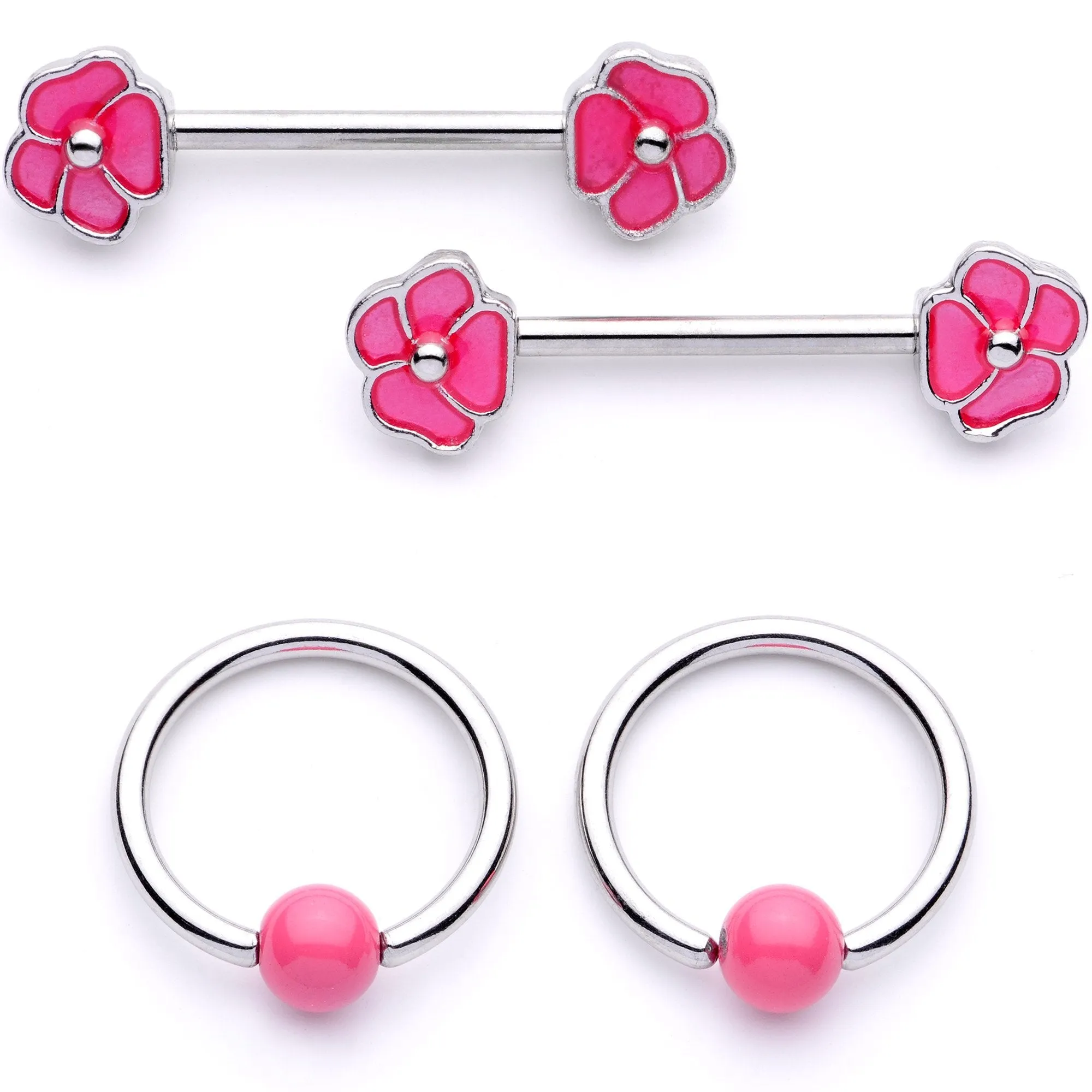 14 Gauge 9/16 1/2 Pink Flower Glow BCR Barbell Nipple Ring Set