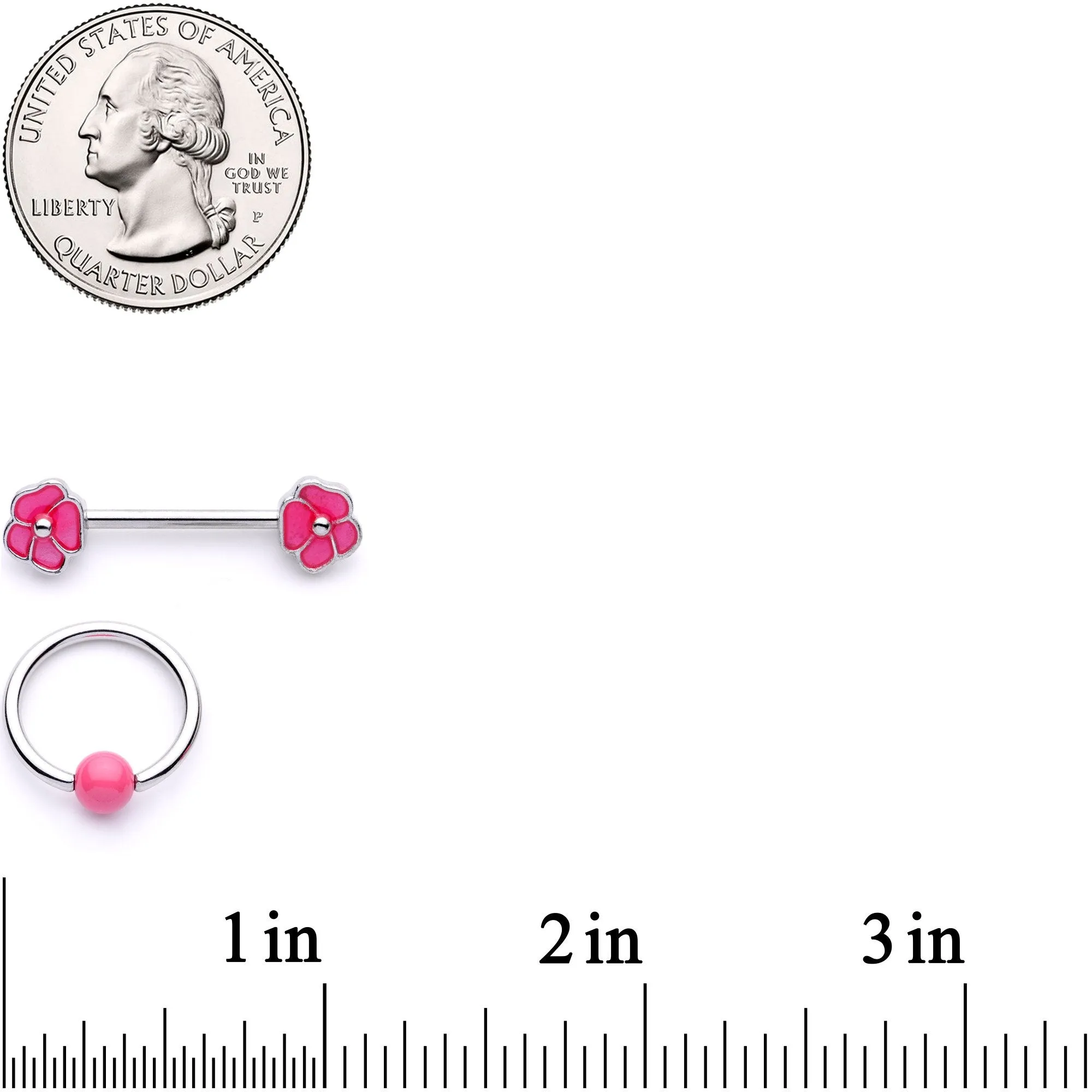14 Gauge 9/16 1/2 Pink Flower Glow BCR Barbell Nipple Ring Set