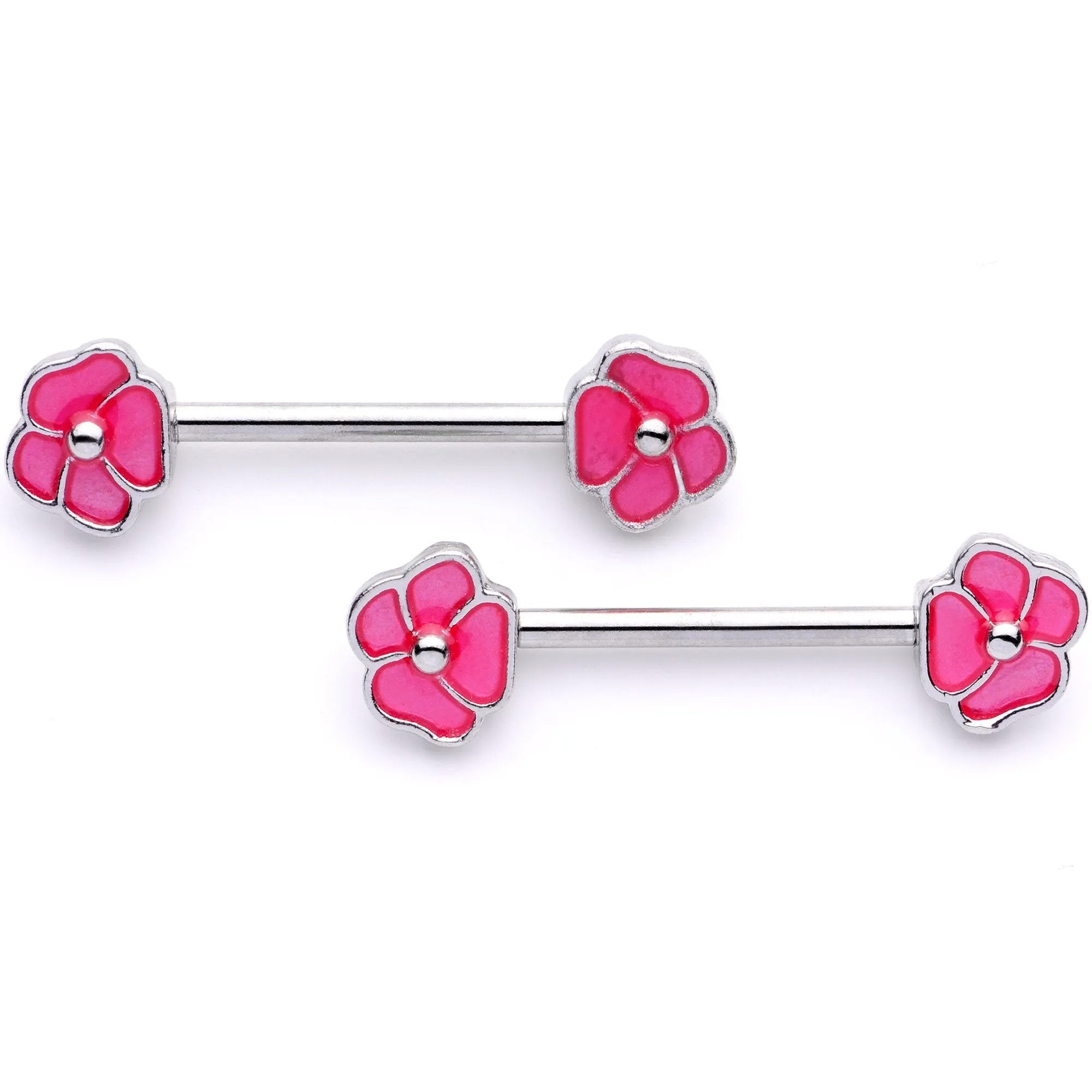 14 Gauge 9/16 1/2 Pink Flower Glow BCR Barbell Nipple Ring Set