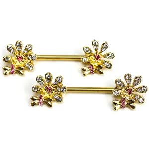 14 Gauge 9/16 Clear Gem Gold Hue Classic Bee Flower Dangle Nipple Ring Set