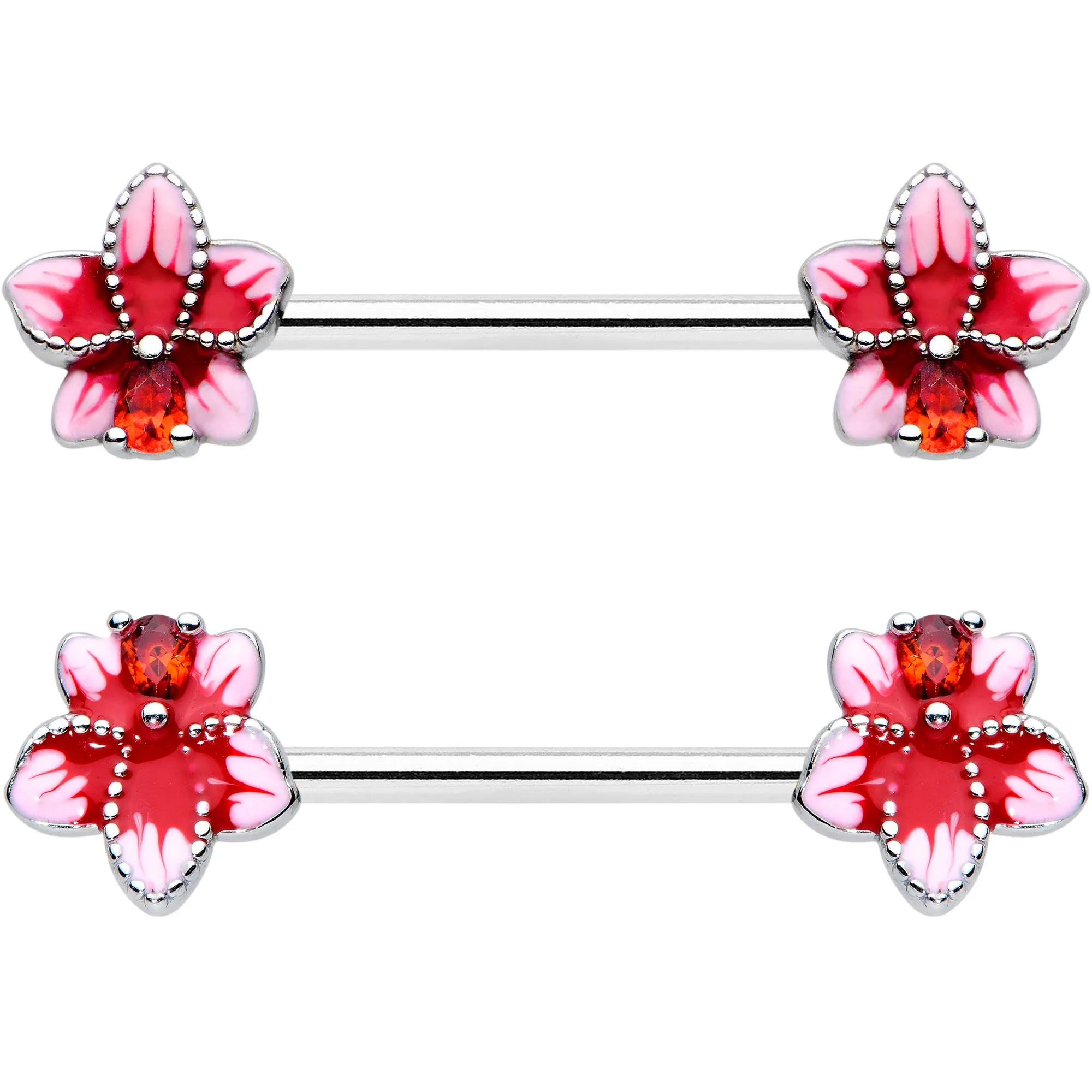 14 Gauge 9/16 Red Gem Tropical Flower Barbell Nipple Ring Set