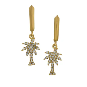 14k Yellow Gold "Sea Jewels" Pavé Diamond Palm Tree Euro Wire Earrings, D=.32tw