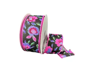 1.5" Funky Flowers on Satin: Black, Neon (10 Yards) 41547-09-21