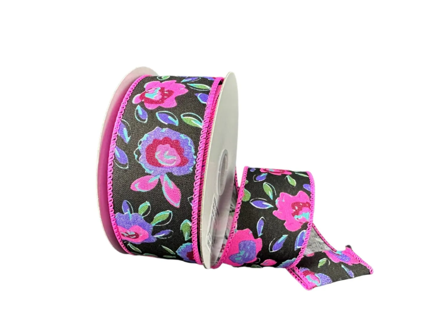 1.5" Funky Flowers on Satin: Black, Neon (10 Yards) 41547-09-21