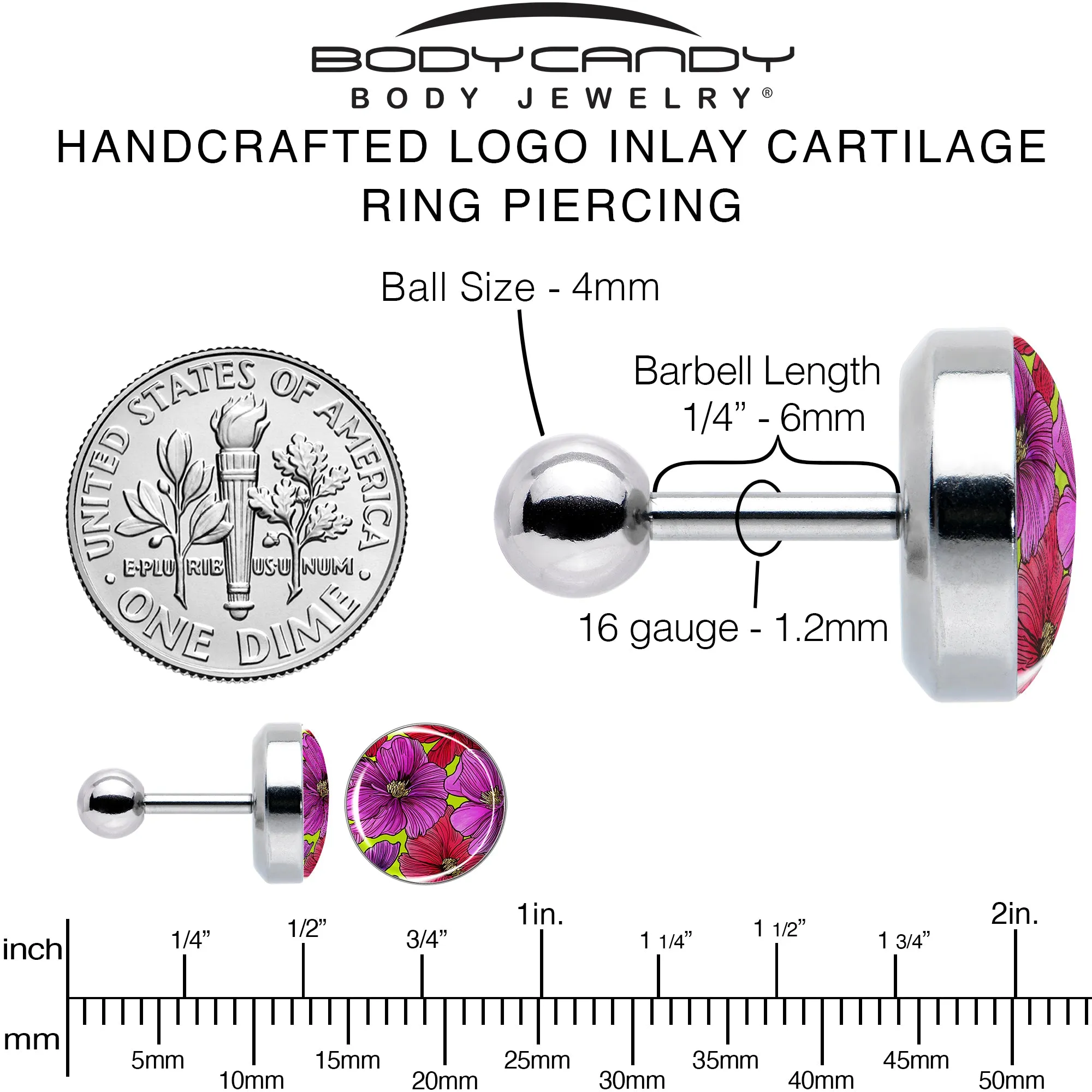 16 Gauge 1/4 Blossom Creation Tropical Floral Flowers Cartilage Earring