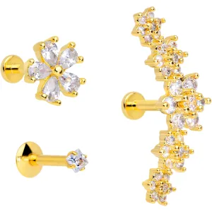 16 Gauge 1/4 Clear CZ Gem Gold Tone Floral Labret Tragus Set of 3