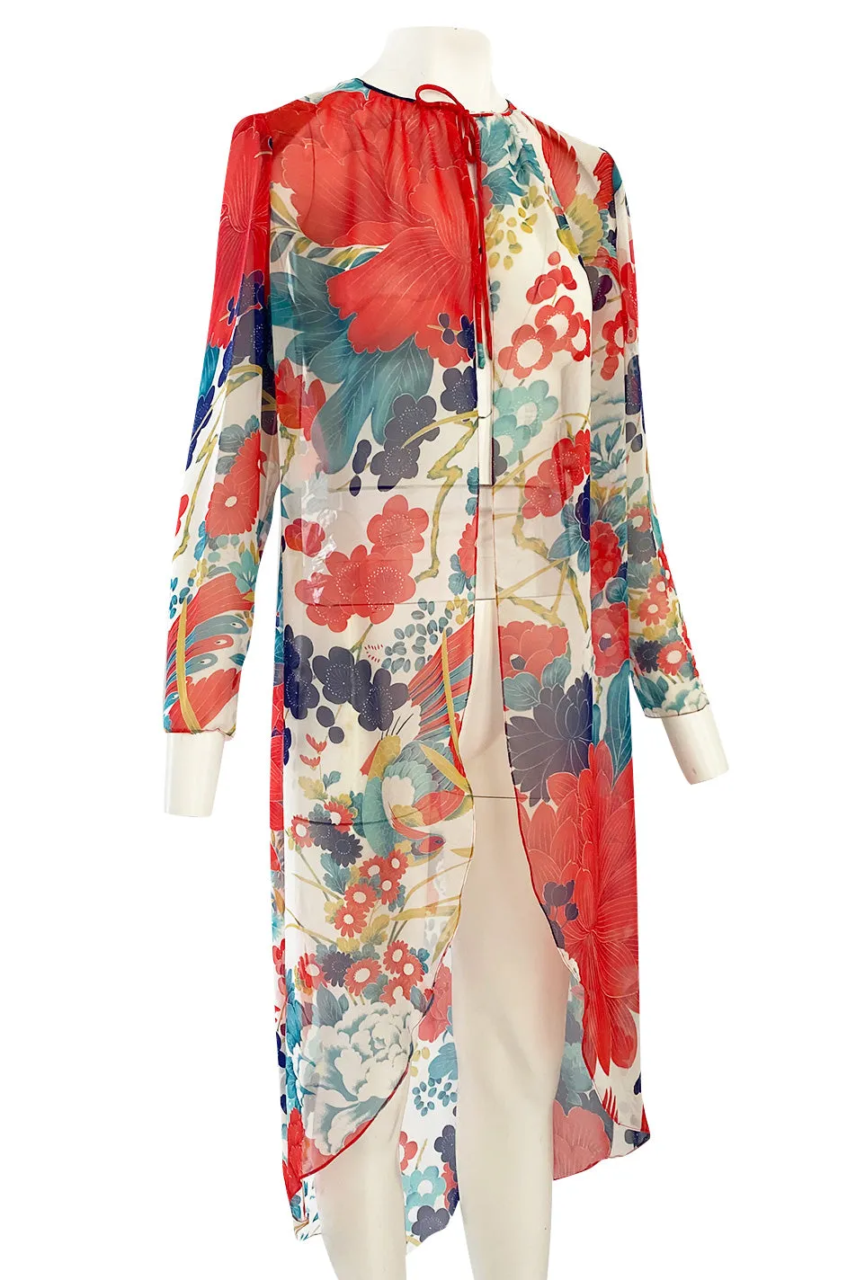 1970s Hanae Mori Silk Chiffon Jacket w Huge Bright Floral and Parrot Print