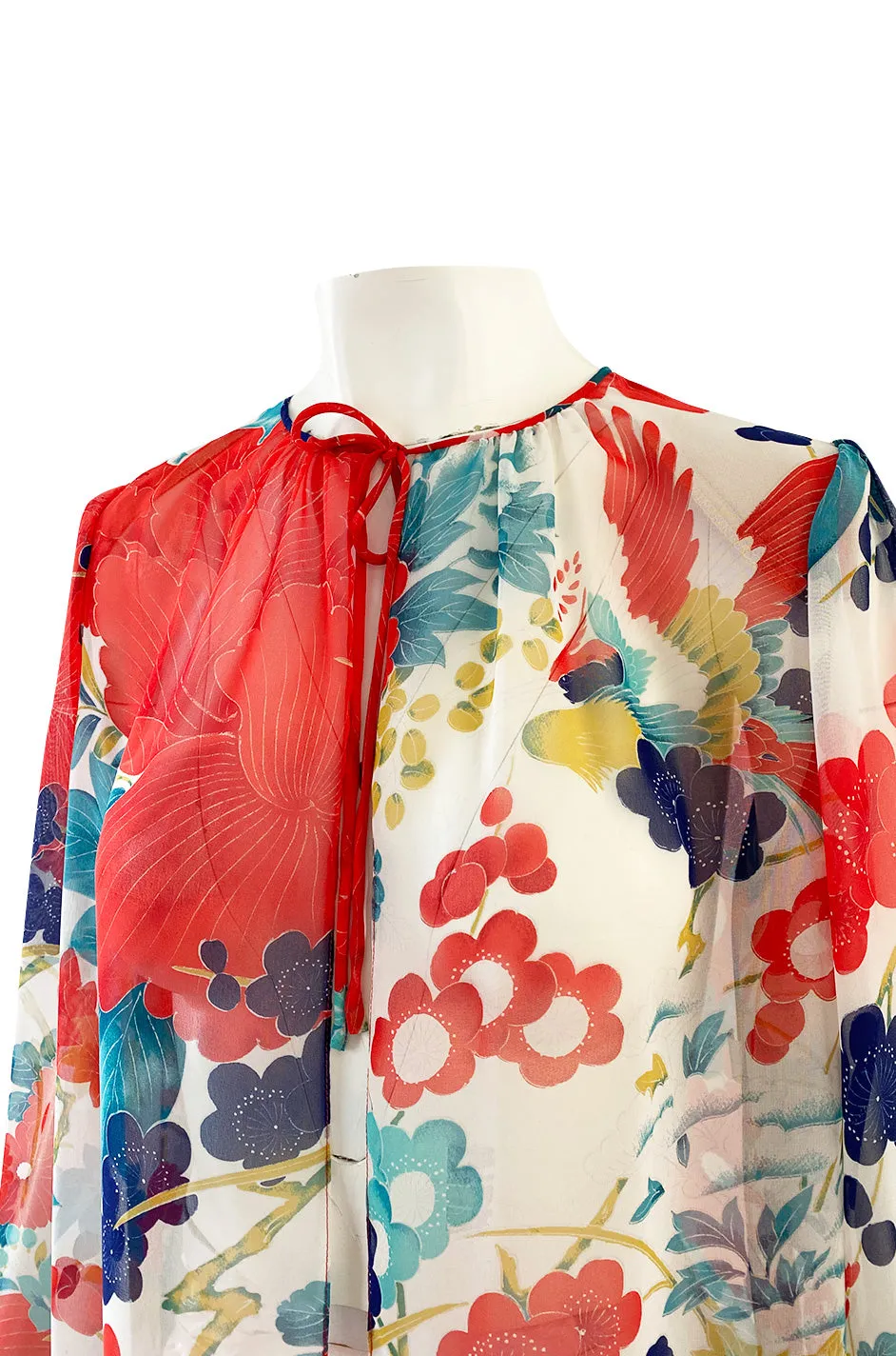 1970s Hanae Mori Silk Chiffon Jacket w Huge Bright Floral and Parrot Print