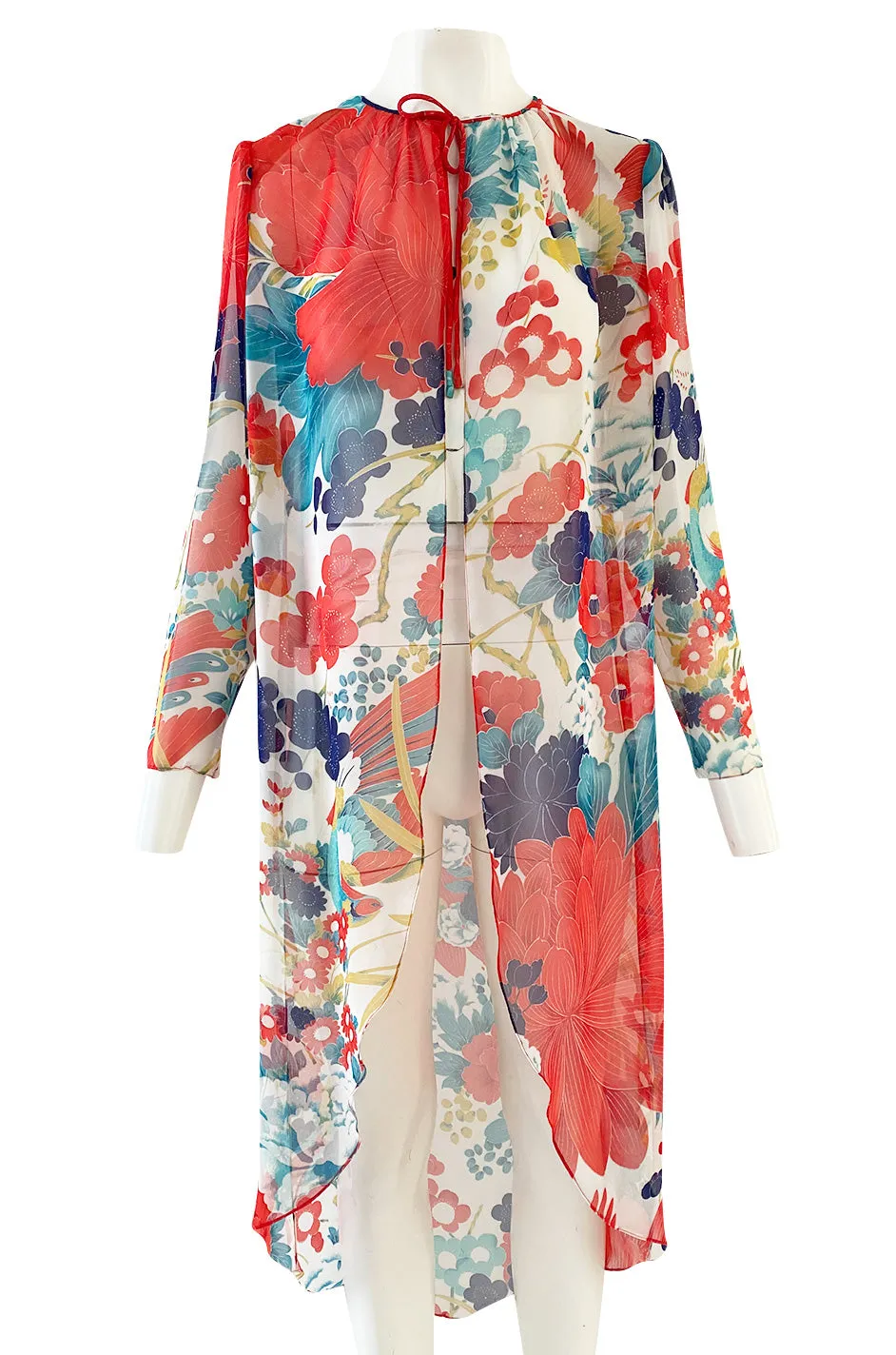 1970s Hanae Mori Silk Chiffon Jacket w Huge Bright Floral and Parrot Print