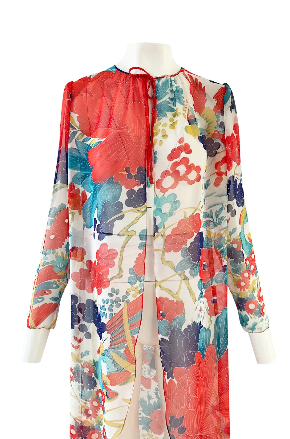 1970s Hanae Mori Silk Chiffon Jacket w Huge Bright Floral and Parrot Print
