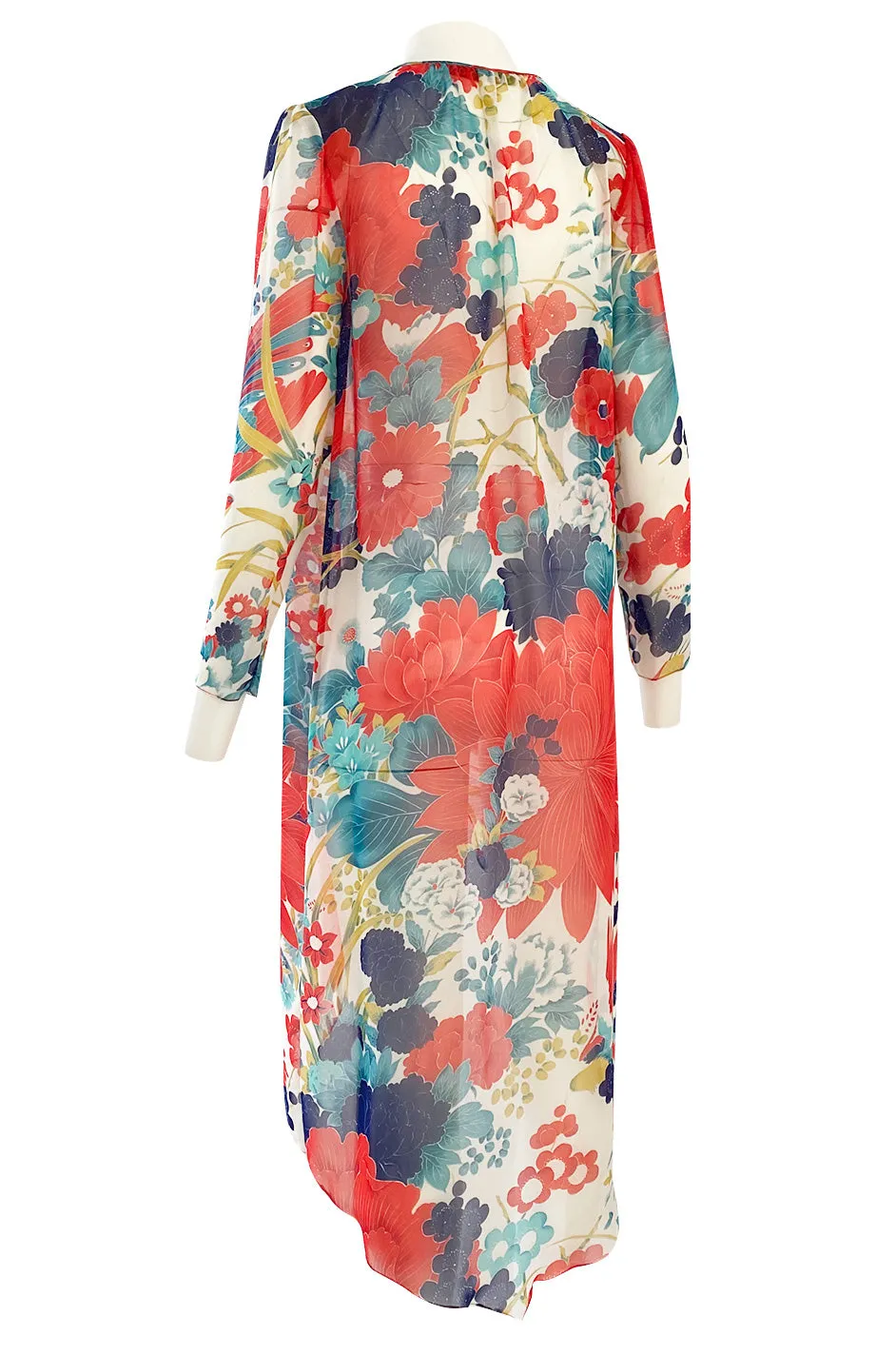 1970s Hanae Mori Silk Chiffon Jacket w Huge Bright Floral and Parrot Print