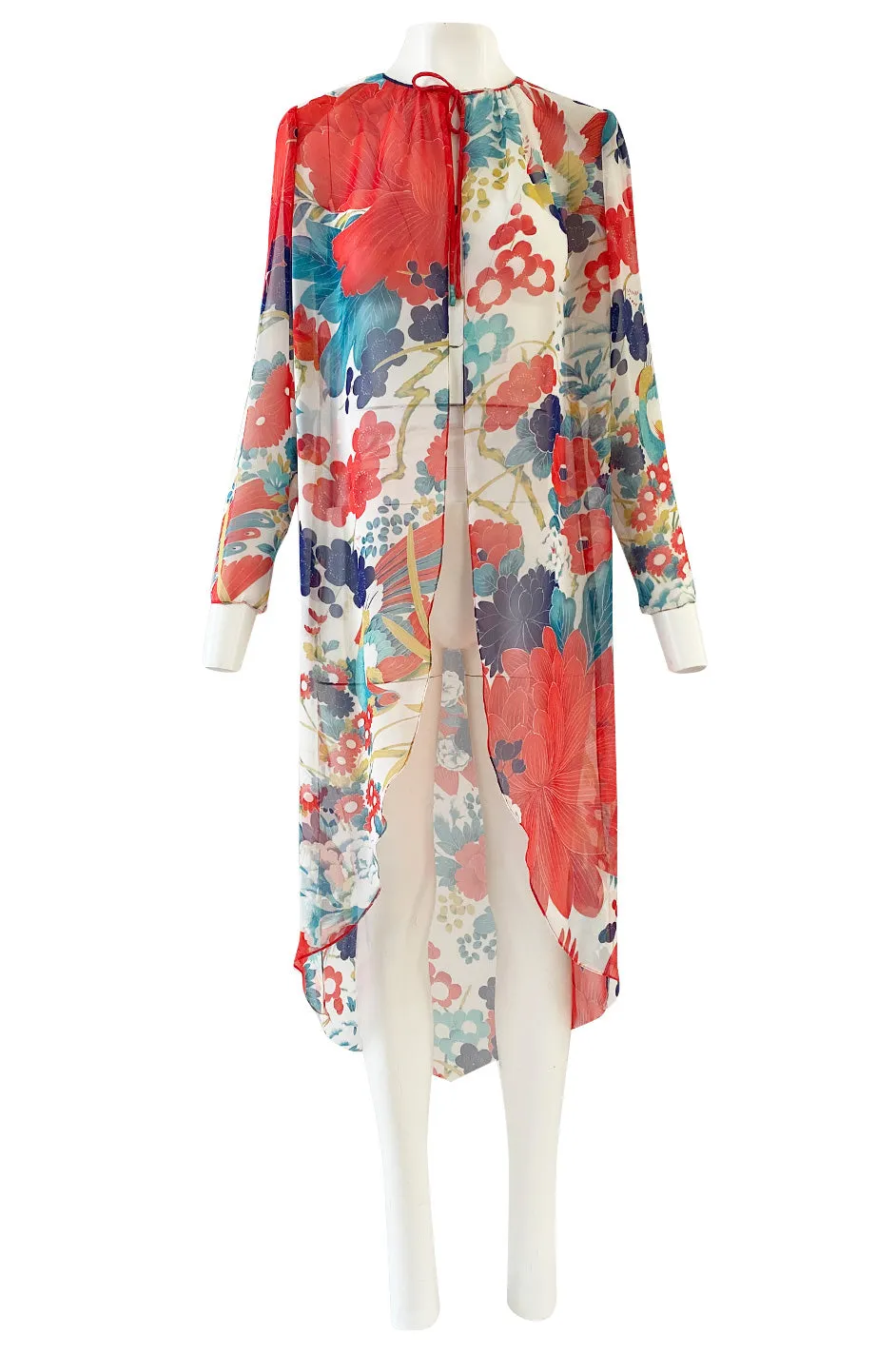 1970s Hanae Mori Silk Chiffon Jacket w Huge Bright Floral and Parrot Print