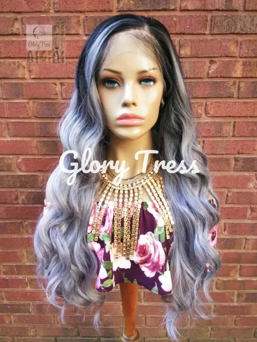 24" Wavy Lace Front Wig Human Hair Blend Wig Ombre Silver Gray Wig Glory Tress 13 x 6 Free Parting - KNOWLEDGE