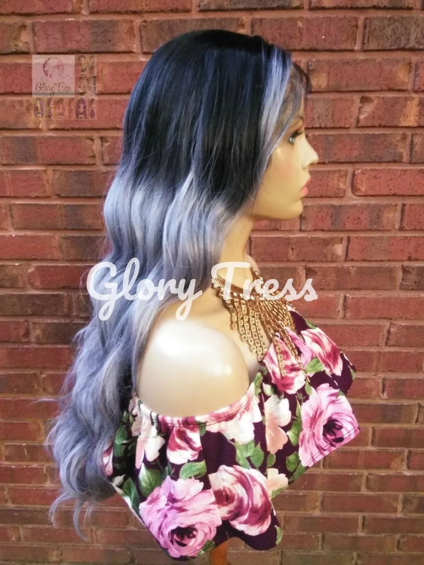 24" Wavy Lace Front Wig Human Hair Blend Wig Ombre Silver Gray Wig Glory Tress 13 x 6 Free Parting - KNOWLEDGE