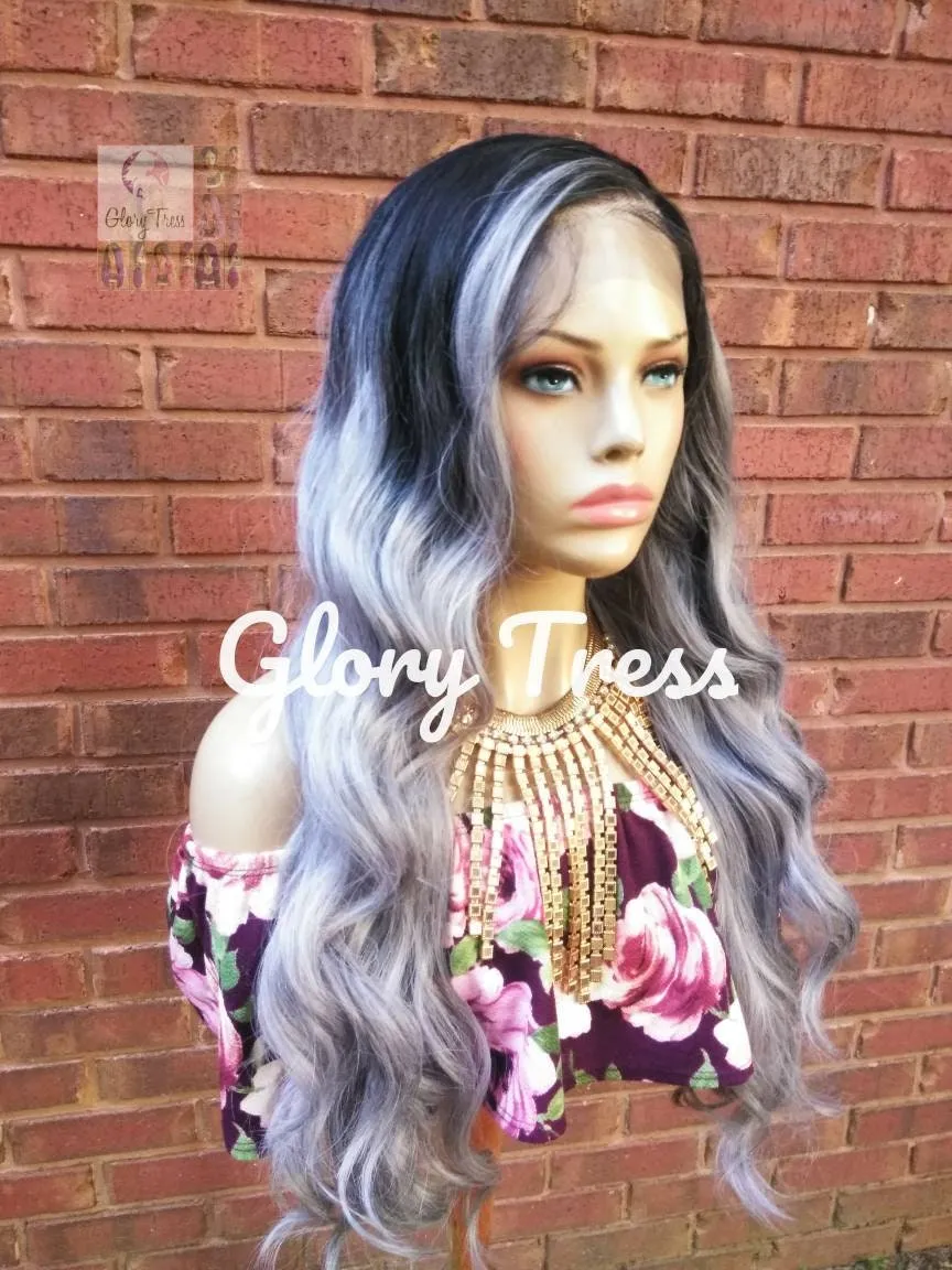 24" Wavy Lace Front Wig Human Hair Blend Wig Ombre Silver Gray Wig Glory Tress 13 x 6 Free Parting - KNOWLEDGE