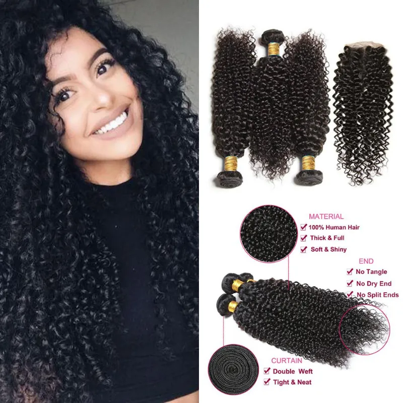 3 Bundles  with 4x4 Lace Closure Jerry Curly 100 unprocessed Virgin Hair deal