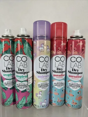 (5) NEW Colab Dry Shampoo Spray UNICORN & PARADISE & Tropical Fragrance 6.7oz