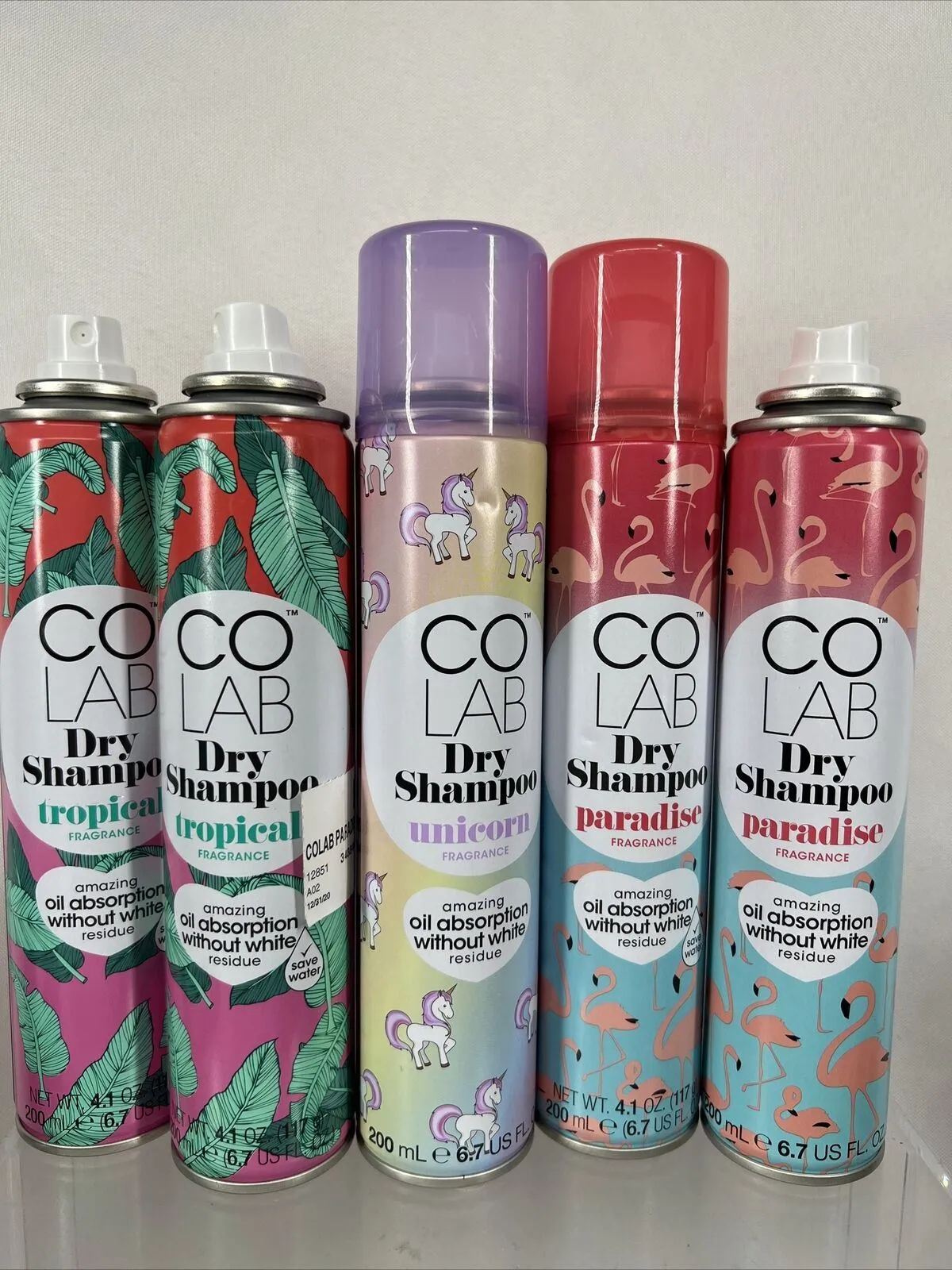 (5) NEW Colab Dry Shampoo Spray UNICORN & PARADISE & Tropical Fragrance 6.7oz