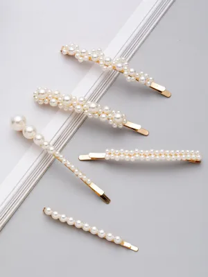 5pcs Faux Pearl Beaded Bobby Pin - Gold