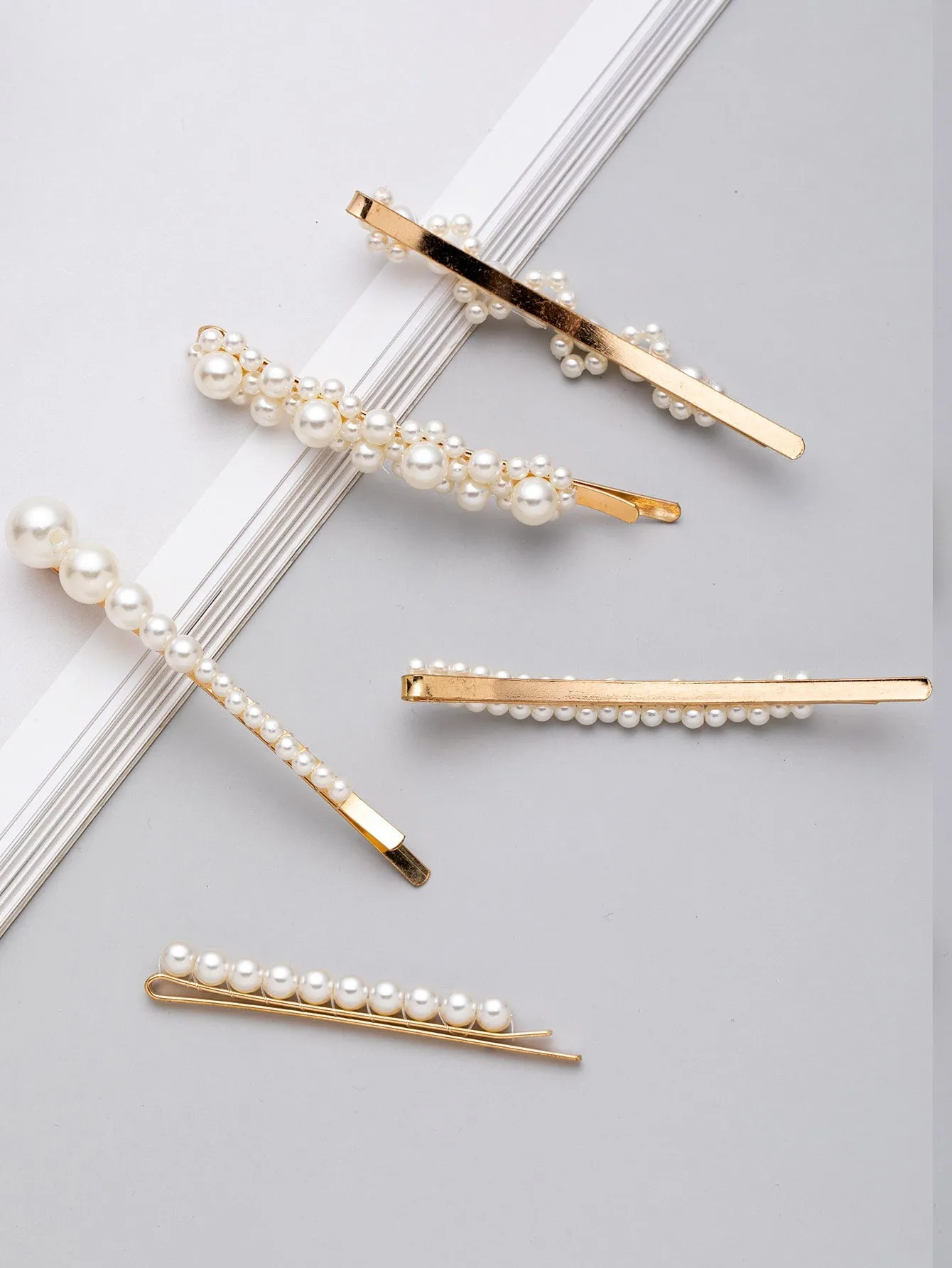5pcs Faux Pearl Beaded Bobby Pin - Gold