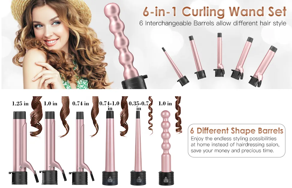 6-IN-1 Curling Iron, Professional Curling Wand Set, Instant Heat Up Hair Curler with 6 Interchangeable Ceramic Barrels (0.35'' to 1.25'') and 2 Temperature Adjustments, Heat Protective Glove & 2 Clips