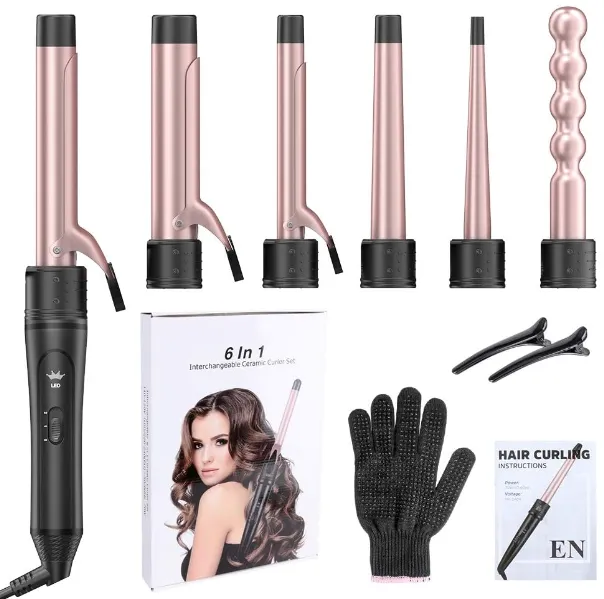 6-IN-1 Curling Iron, Professional Curling Wand Set, Instant Heat Up Hair Curler with 6 Interchangeable Ceramic Barrels (0.35'' to 1.25'') and 2 Temperature Adjustments, Heat Protective Glove & 2 Clips