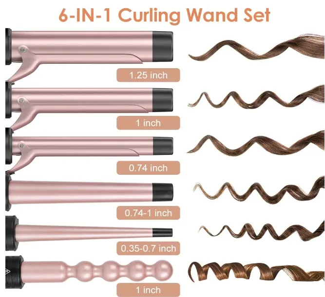 6-IN-1 Curling Iron, Professional Curling Wand Set, Instant Heat Up Hair Curler with 6 Interchangeable Ceramic Barrels (0.35'' to 1.25'') and 2 Temperature Adjustments, Heat Protective Glove & 2 Clips