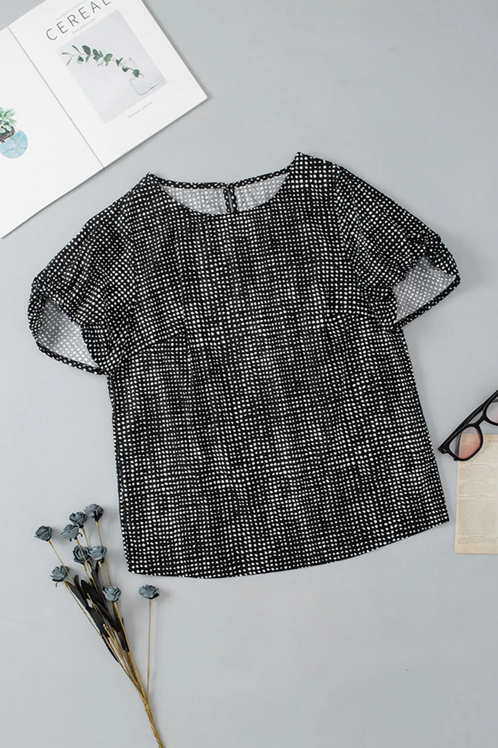 All the Dots Dot Print Short Sleeve Blouse in Black and White