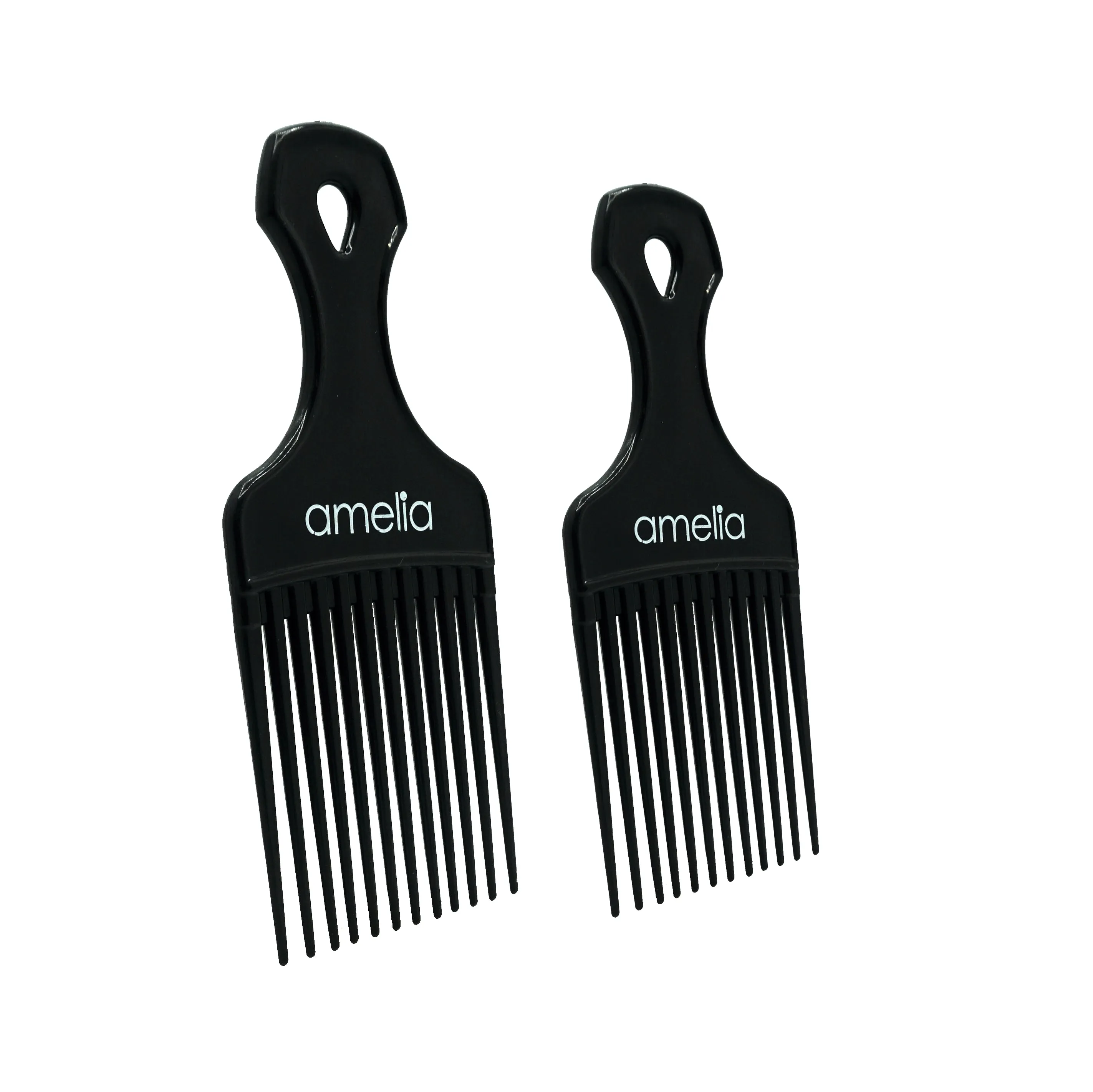 Amelia Beauty, 6in and 7in Curly Hair Wide Tooth Pick, Made in USA, Professional Grade Hair Pick Creates Volume, Detangles, Portable Salon Barber Shop Black Afro Pick Comb Hair Styling Tool, 2 Pack