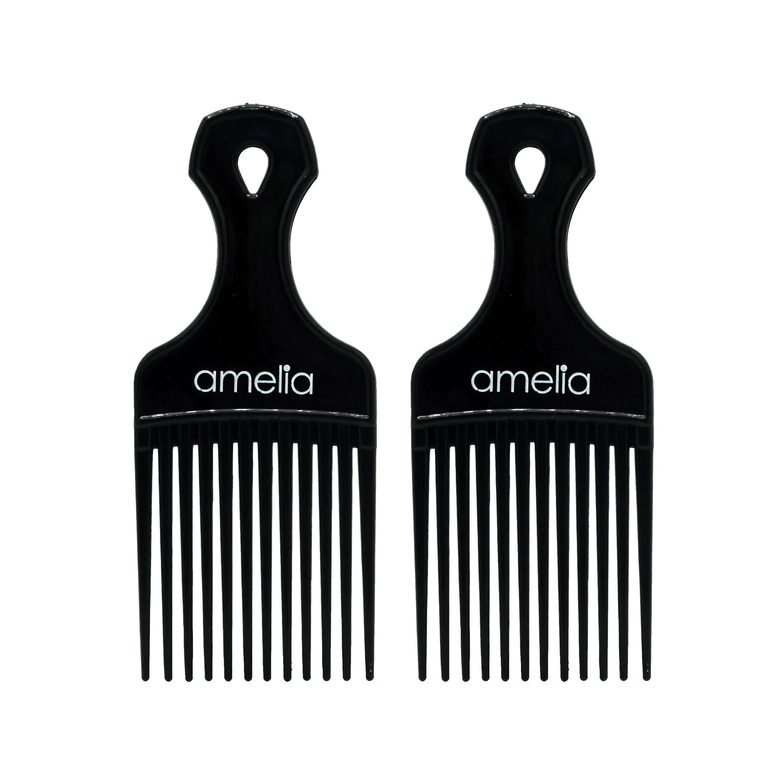 Amelia Beauty, 6in Black Curly Hair Wide Tooth Pick, Made in USA, Professional Grade Hair Pick Create Volume, Detangle, Portable Salon Barber Shop Afro Pick Comb Hair Styling Tool, 6"x2.5", 2 Pack