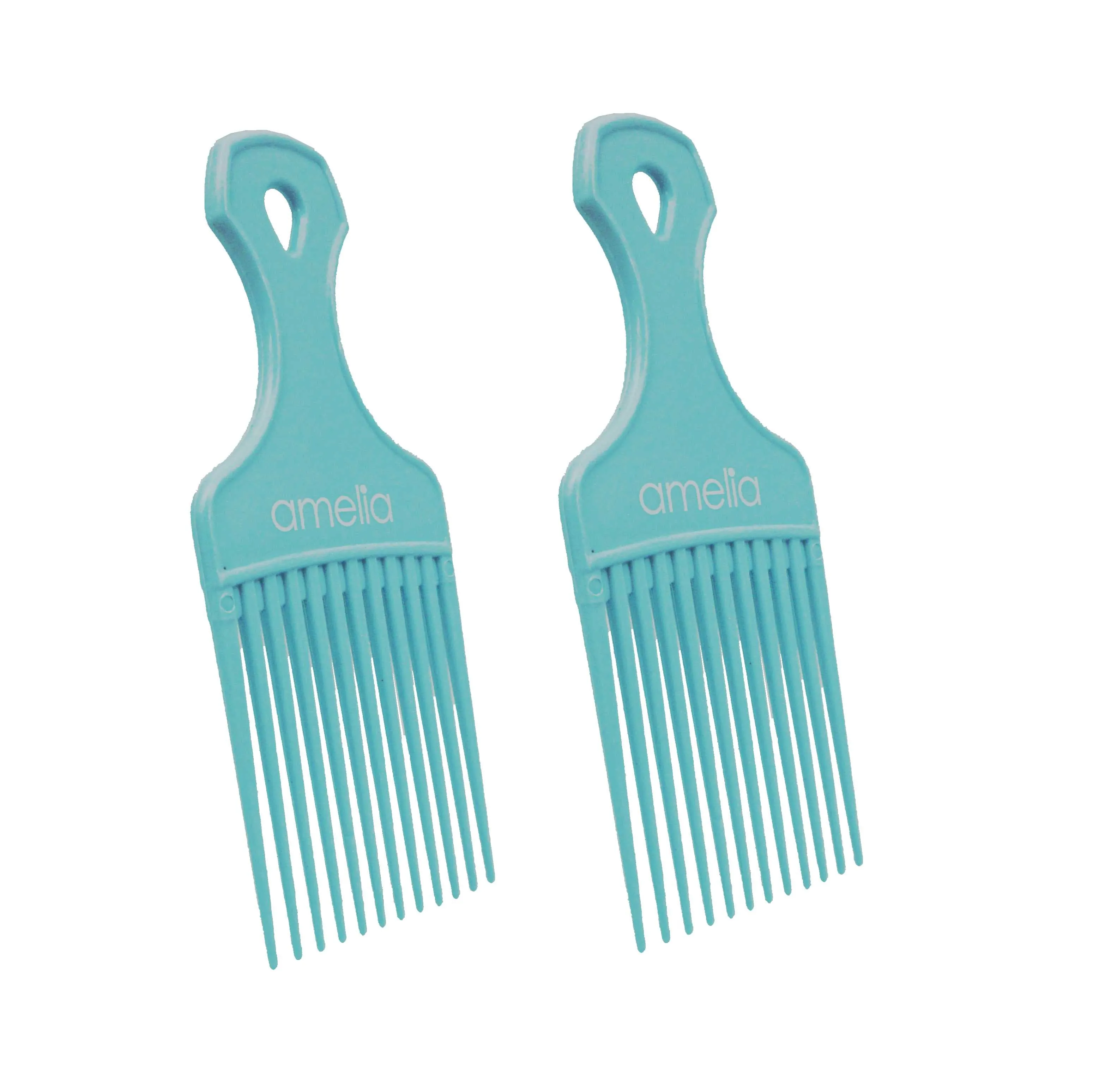 Amelia Beauty, 6in Sky Blue Curly Hair Wide Tooth Pick, Made in USA, Professional Grade Hair Pick Create Volume, Detangle, Portable Salon Barber Shop Afro Pick Comb Hair Styling Tool, 6"x2.5", 2 Pack