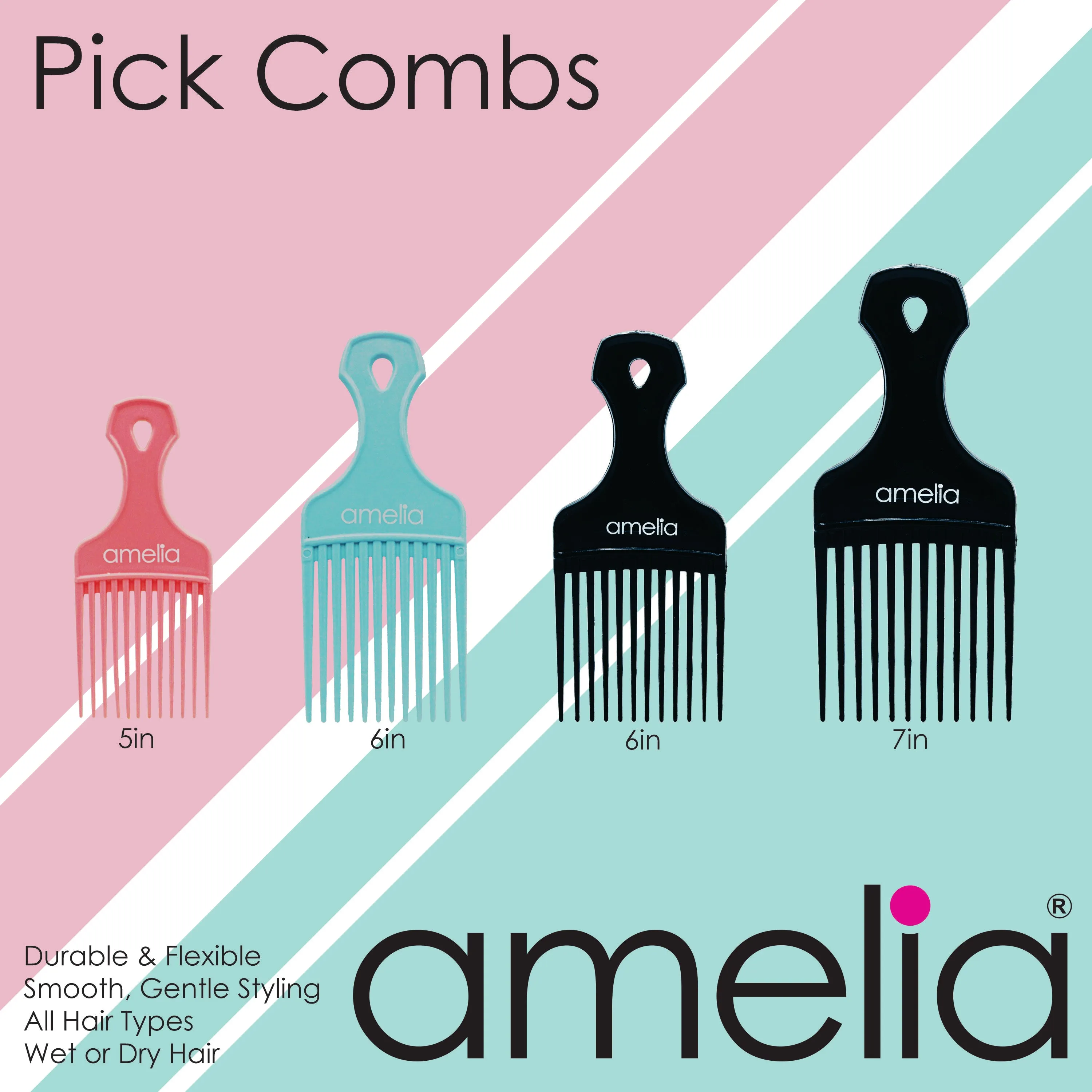 Amelia Beauty, 6in Sky Blue Curly Hair Wide Tooth Pick, Made in USA, Professional Grade Hair Pick Create Volume, Detangle, Portable Salon Barber Shop Afro Pick Comb Hair Styling Tool, 6"x2.5", 2 Pack