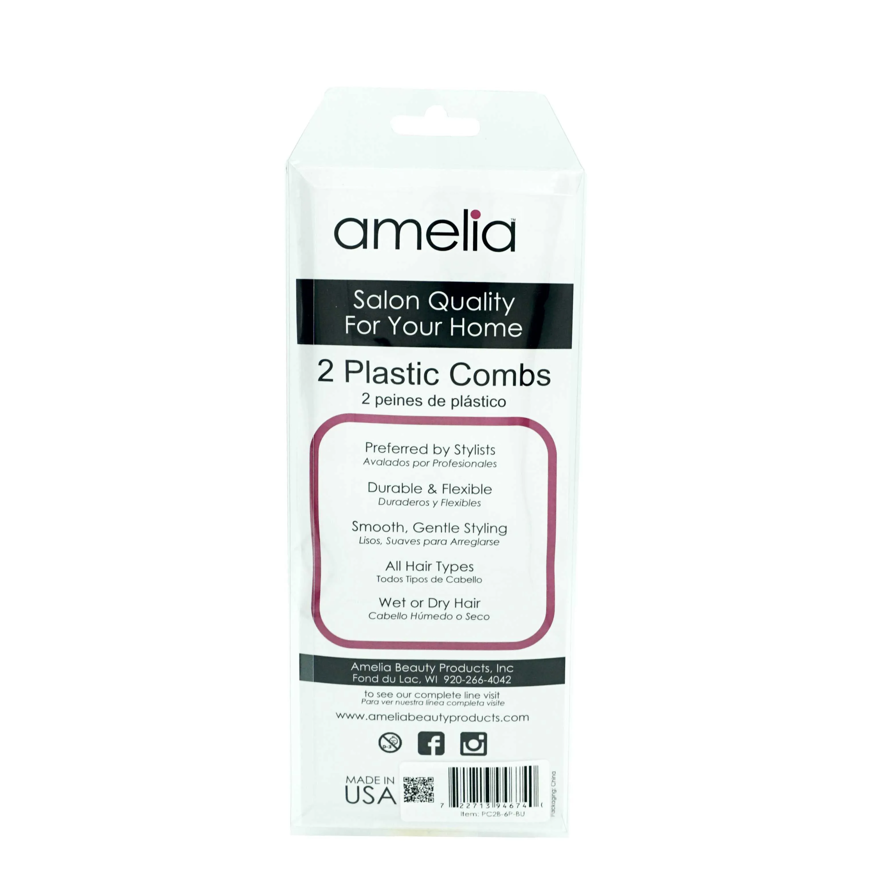 Amelia Beauty, 6in Sky Blue Curly Hair Wide Tooth Pick, Made in USA, Professional Grade Hair Pick Create Volume, Detangle, Portable Salon Barber Shop Afro Pick Comb Hair Styling Tool, 6"x2.5", 2 Pack