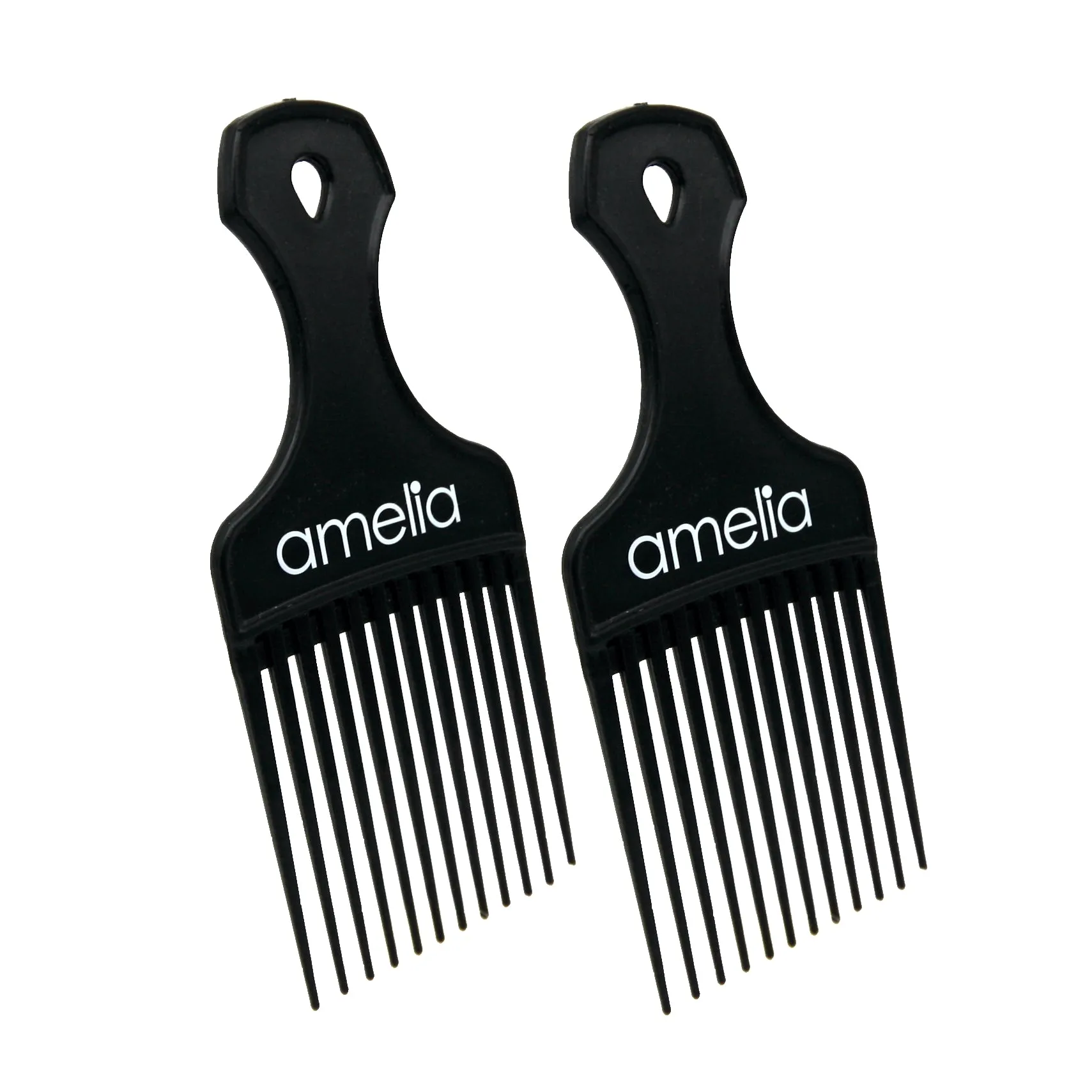 Amelia Beauty, 7in Black Curly Hair Wide Tooth Pick, Made in USA, Professional Grade Hair Pick Creates Volume, Detangles, Portable Salon Barber Shop Afro Pick Comb Hair Styling Tool, 7"x3", 2 Pack