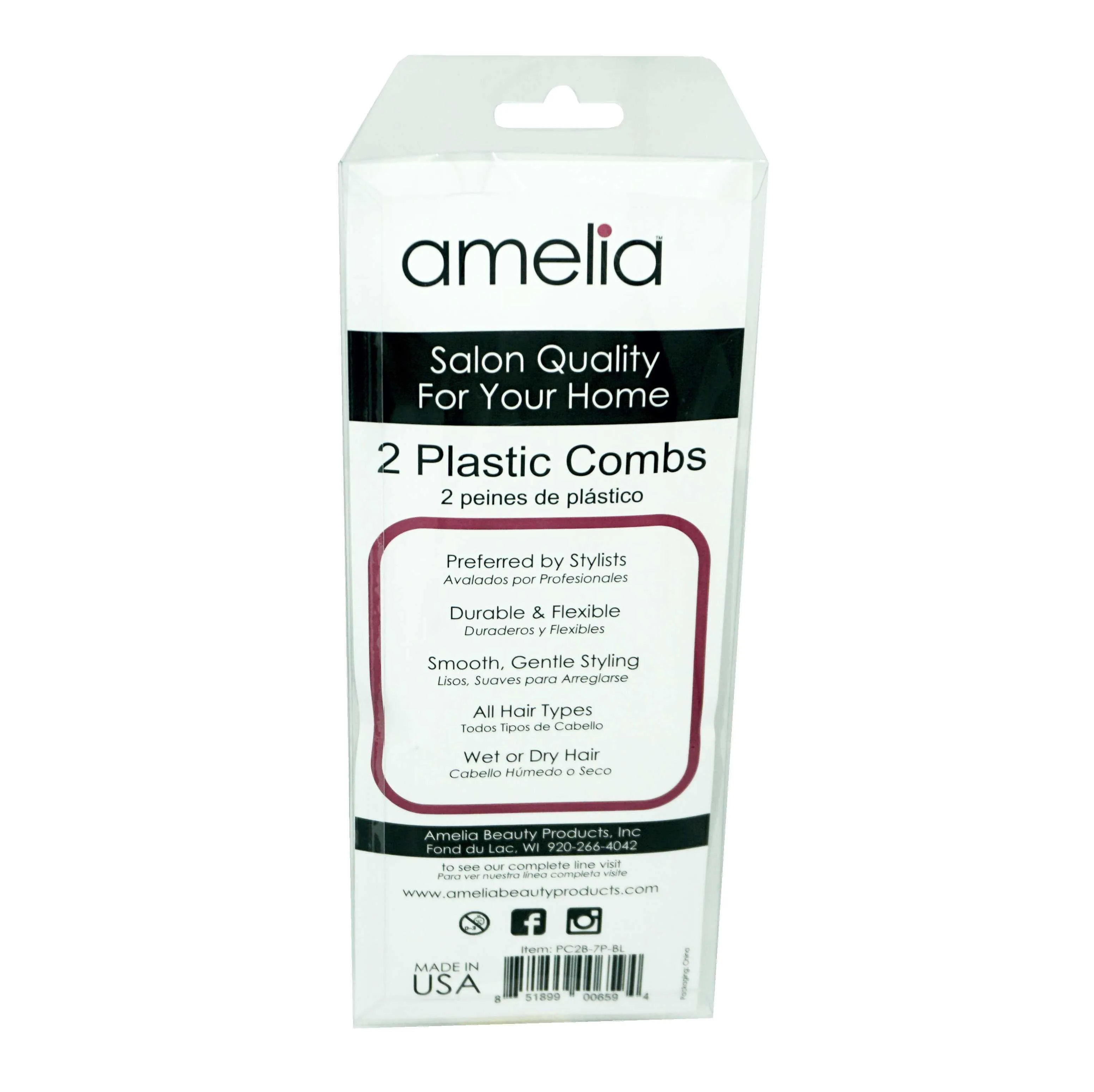 Amelia Beauty, 7in Black Curly Hair Wide Tooth Pick, Made in USA, Professional Grade Hair Pick Creates Volume, Detangles, Portable Salon Barber Shop Afro Pick Comb Hair Styling Tool, 7"x3", 2 Pack