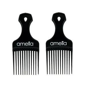Amelia Beauty, 7in Black Curly Hair Wide Tooth Pick, Made in USA, Professional Grade Hair Pick Creates Volume, Detangles, Portable Salon Barber Shop Afro Pick Comb Hair Styling Tool, 7"x3", 2 Pack