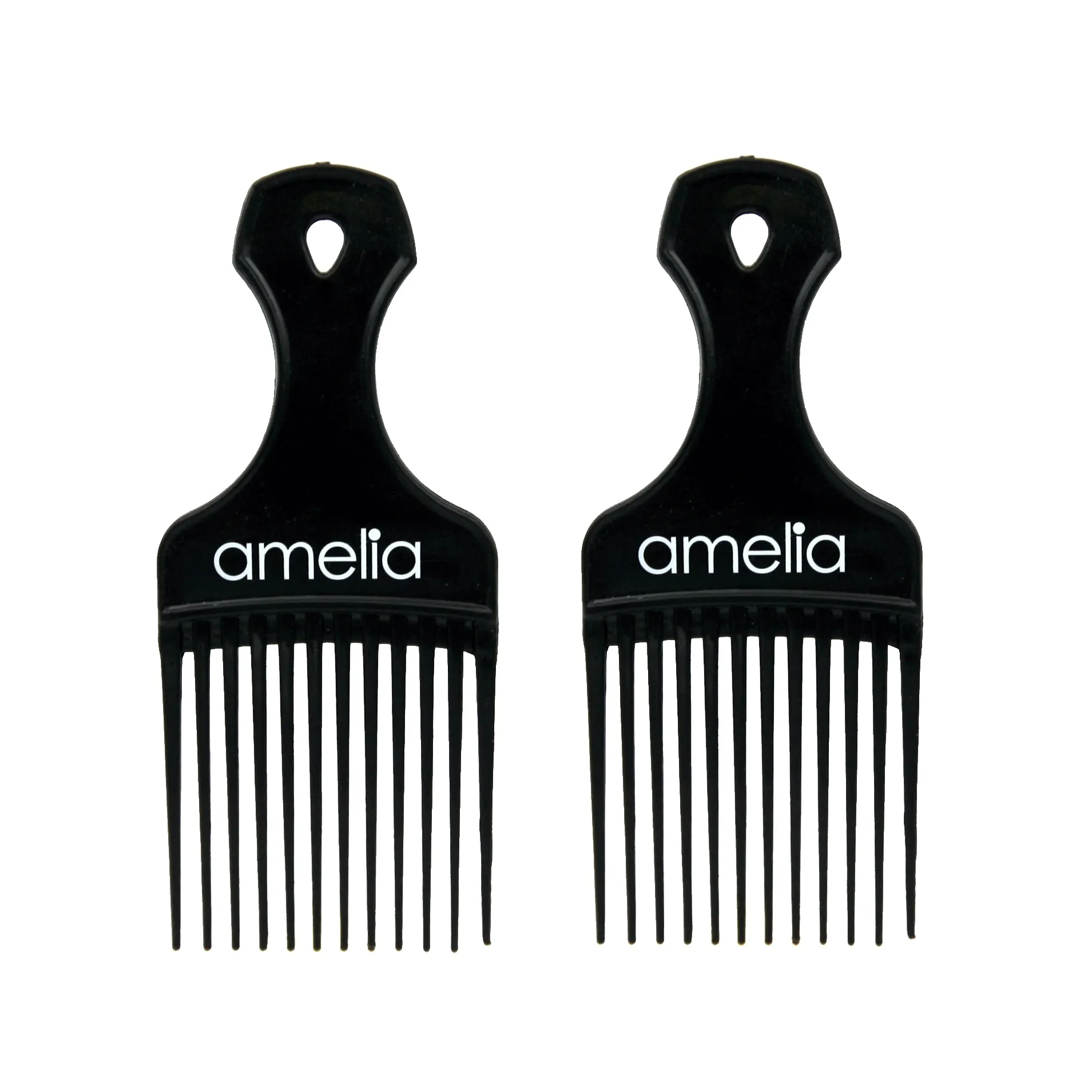 Amelia Beauty, 7in Black Curly Hair Wide Tooth Pick, Made in USA, Professional Grade Hair Pick Creates Volume, Detangles, Portable Salon Barber Shop Afro Pick Comb Hair Styling Tool, 7"x3", 2 Pack