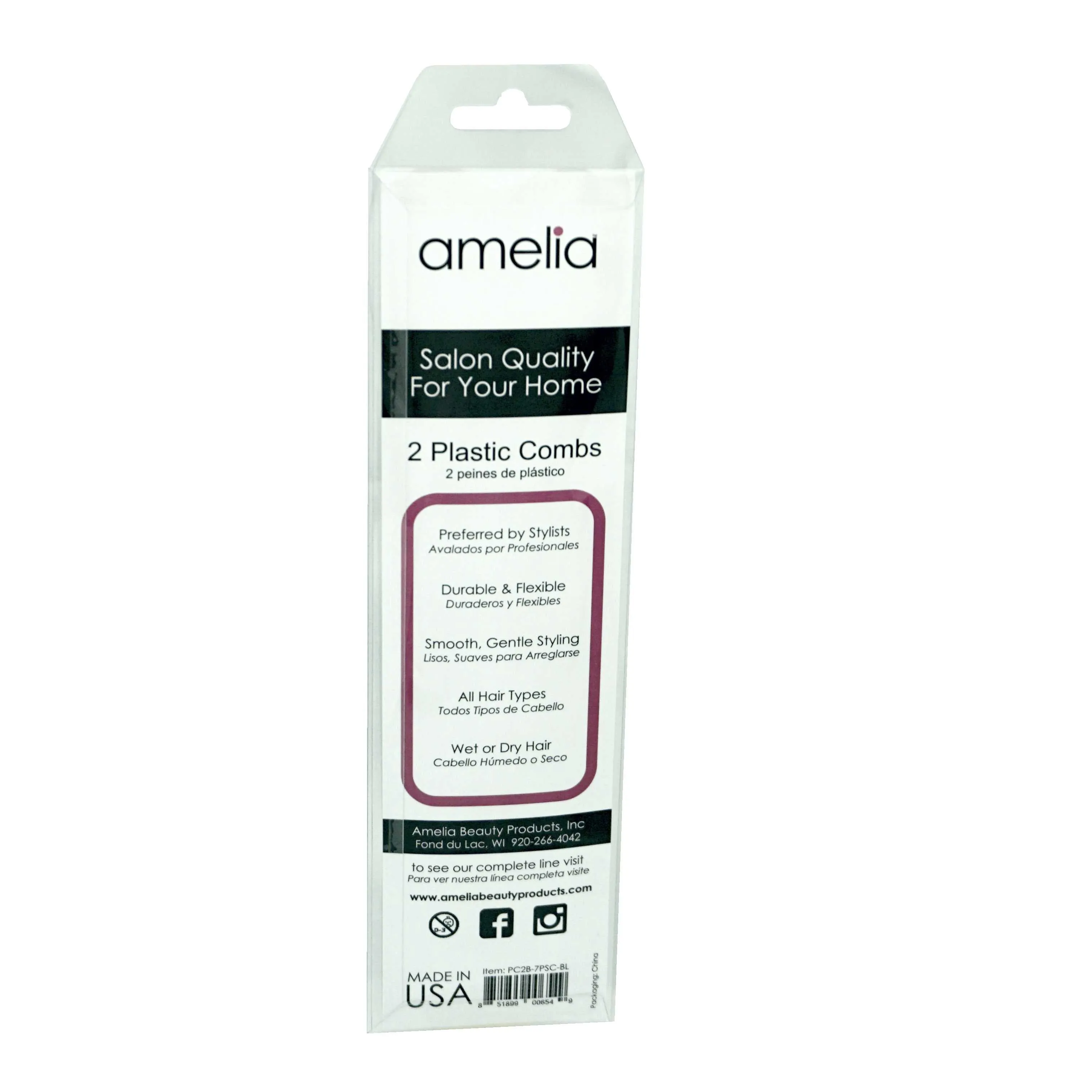 Amelia Beauty, 7in Black Plastic Styling Comb, Made in USA, Professional Grade Pocket Hair Comb, Blending, Cutting Portable Salon Barber Shop Everyday Styling Cutting Hair Styling Tool, 2 Pack