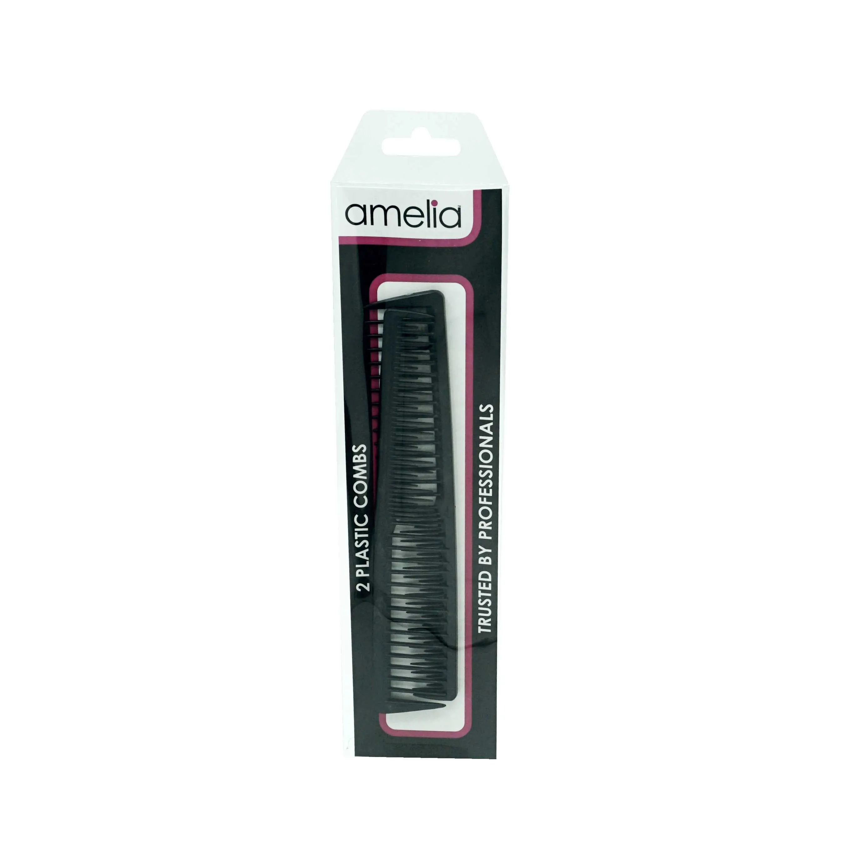 Amelia Beauty, 7in Black Plastic Wide Tooth Tease Comb, Made in USA, Professional Grade Pocket Hair Comb, Wet, Tangled Hair, Flip to Lift, Tease,  Everyday Styling Cutting Hair Styling Tool, 2 Pack