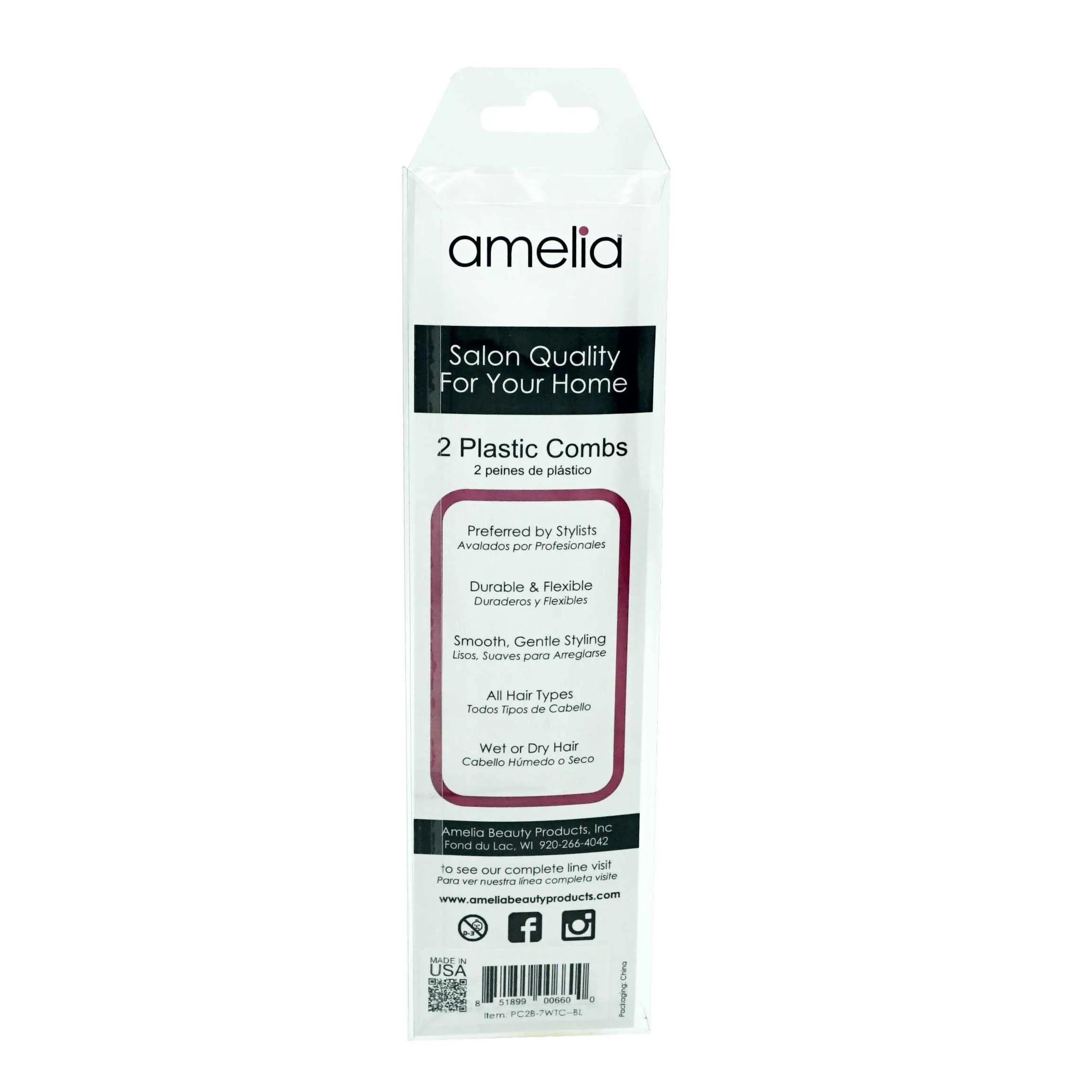 Amelia Beauty, 7in Black Plastic Wide Tooth Tease Comb, Made in USA, Professional Grade Pocket Hair Comb, Wet, Tangled Hair, Flip to Lift, Tease,  Everyday Styling Cutting Hair Styling Tool, 2 Pack