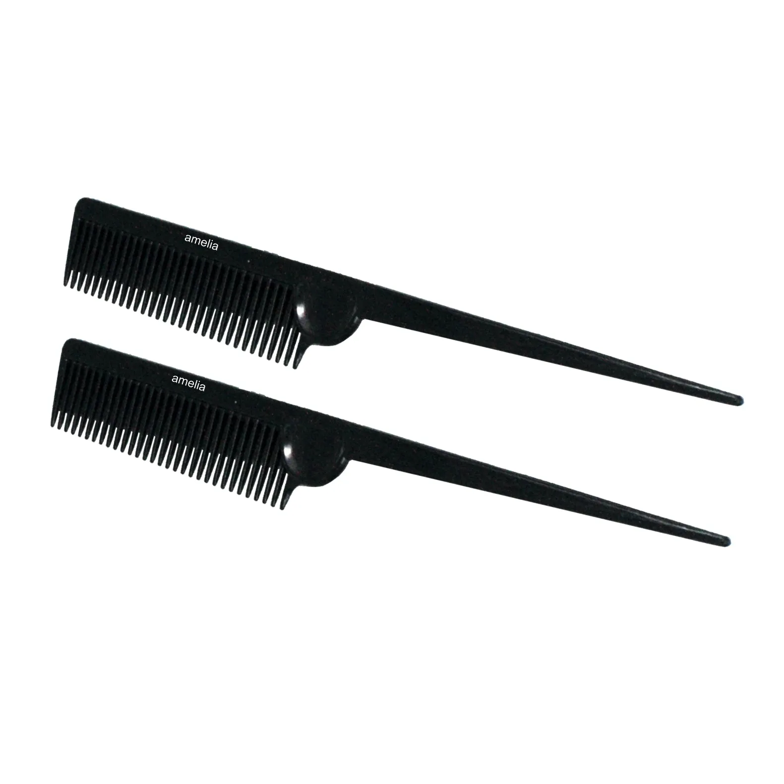Amelia Beauty, 8.5in Black Plastic Pin Rat Tail Standard Tooth Comb, Made in USA, Professional Grade Hair Comb, Highlighting, Sectioning & Styling Hair with Long Tail Tip, Wet or Dry, 8.5"x1", 2 Pack