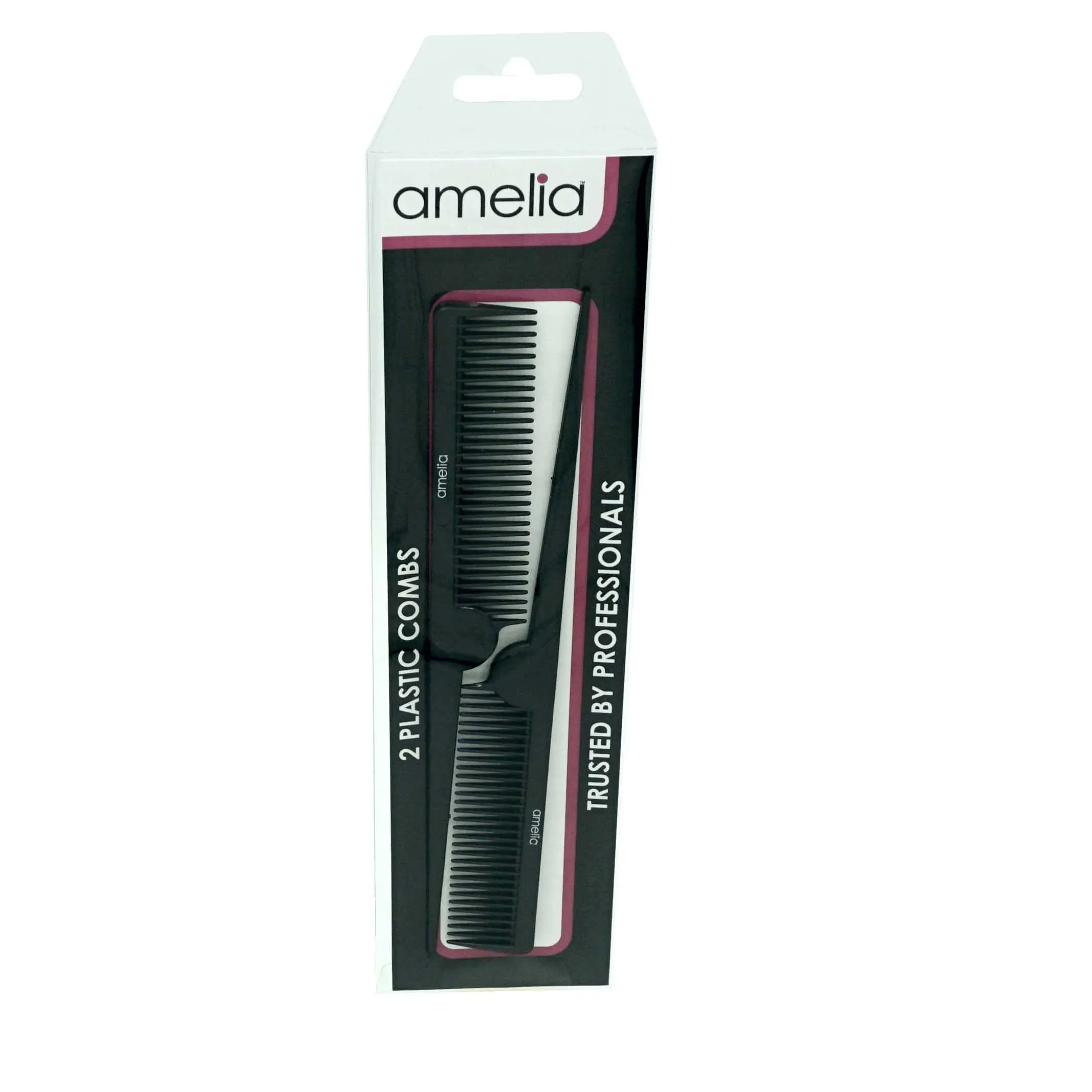 Amelia Beauty, 8.5in Black Plastic Pin Rat Tail Standard Tooth Comb, Made in USA, Professional Grade Hair Comb, Highlighting, Sectioning & Styling Hair with Long Tail Tip, Wet or Dry, 8.5"x1", 2 Pack
