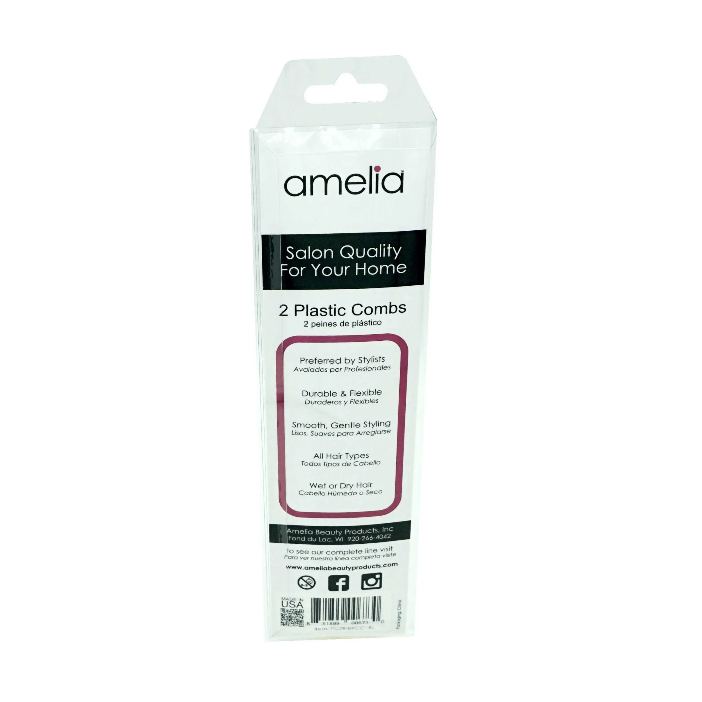 Amelia Beauty, 8.5in Black Plastic Pin Rat Tail Standard Tooth Comb, Made in USA, Professional Grade Hair Comb, Highlighting, Sectioning & Styling Hair with Long Tail Tip, Wet or Dry, 8.5"x1", 2 Pack