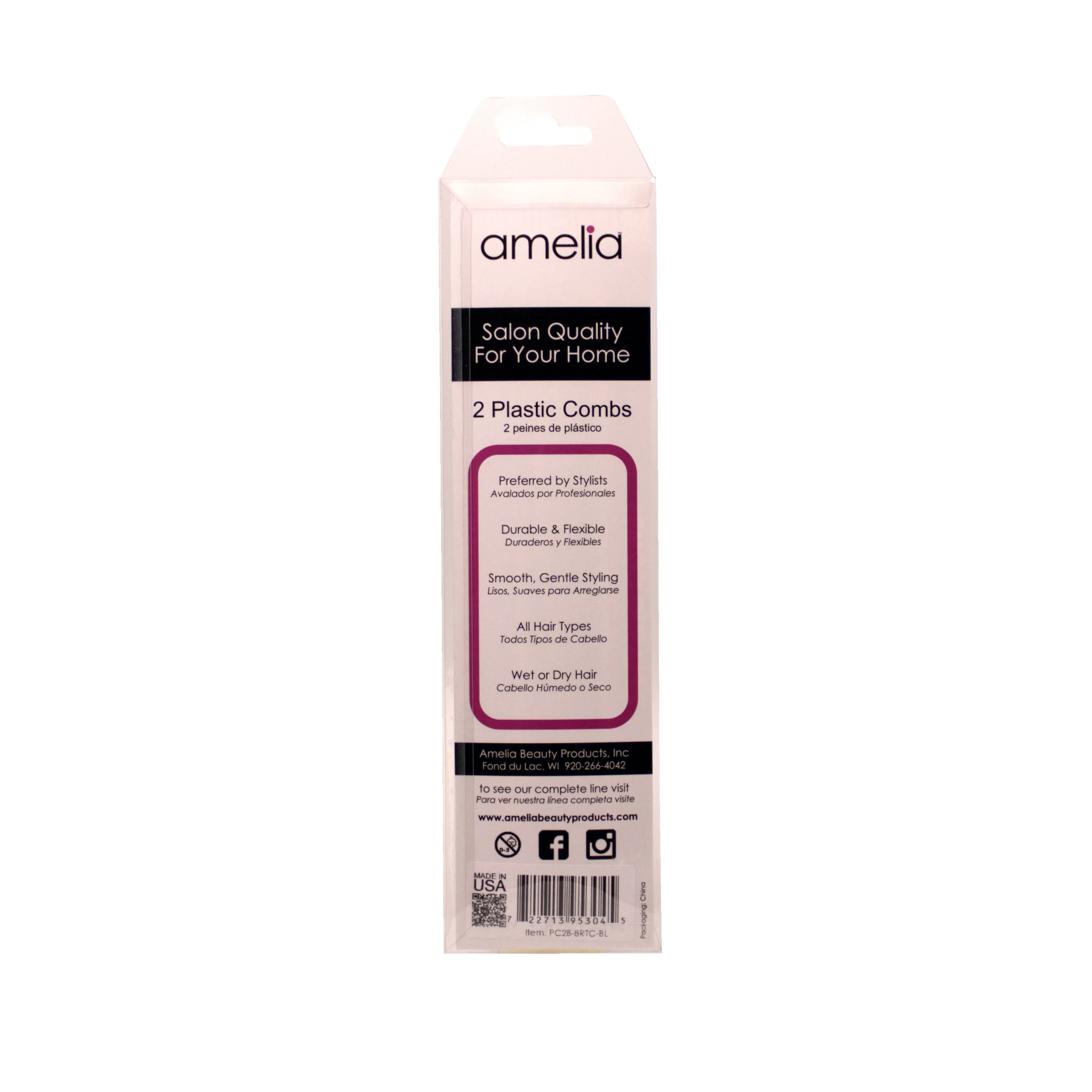 Amelia Beauty, 8.5in Black Plastic Pin Rat Tail Tease Comb, Made in USA, Professional Grade Hair Comb, Highlighting, Sectioning, Styling, Teasing Hair with Long Tail Tip, Wet or Dry, 8.5"x1", 2 Pack