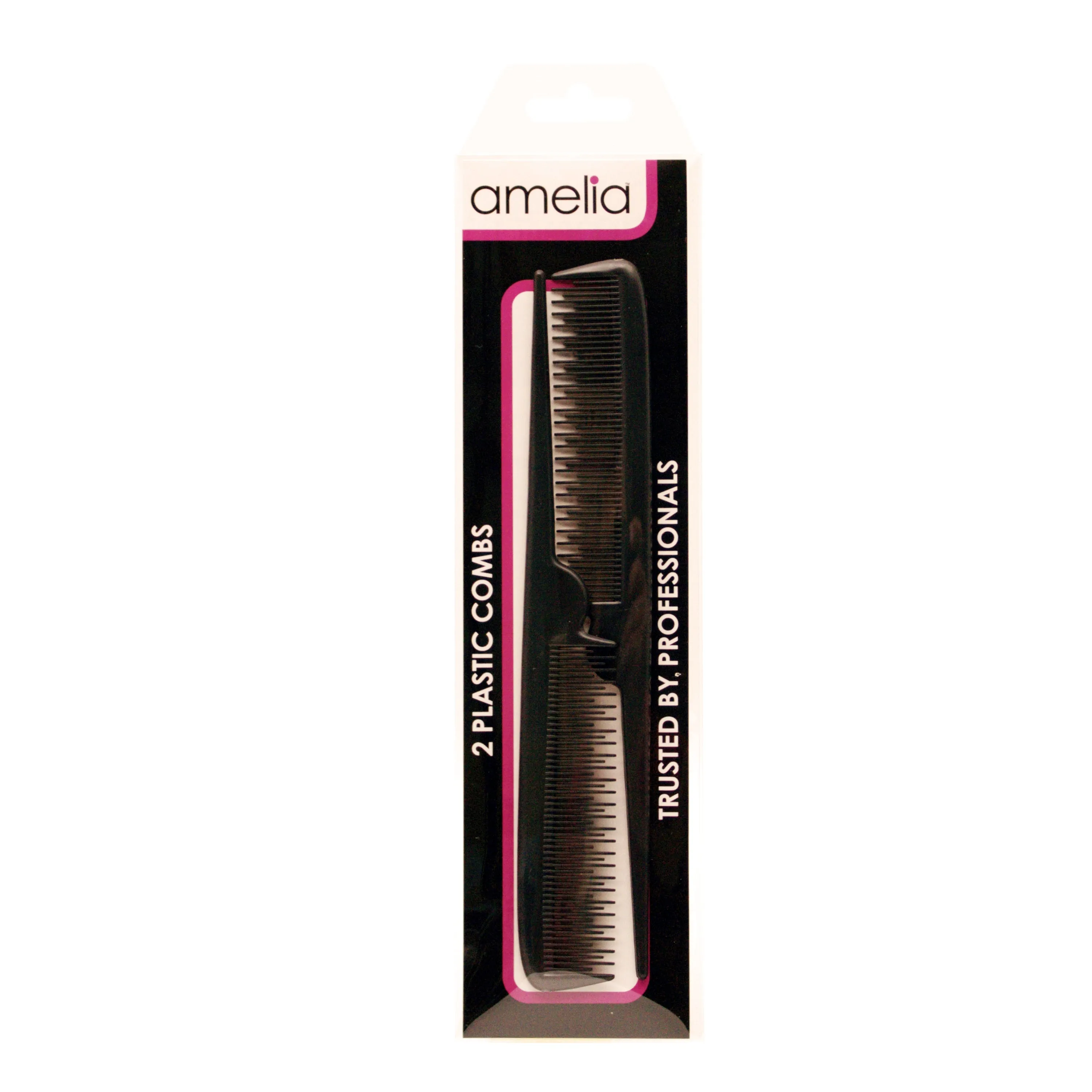 Amelia Beauty, 8.5in Black Plastic Pin Rat Tail Tease Comb, Made in USA, Professional Grade Hair Comb, Highlighting, Sectioning, Styling, Teasing Hair with Long Tail Tip, Wet or Dry, 8.5"x1", 2 Pack