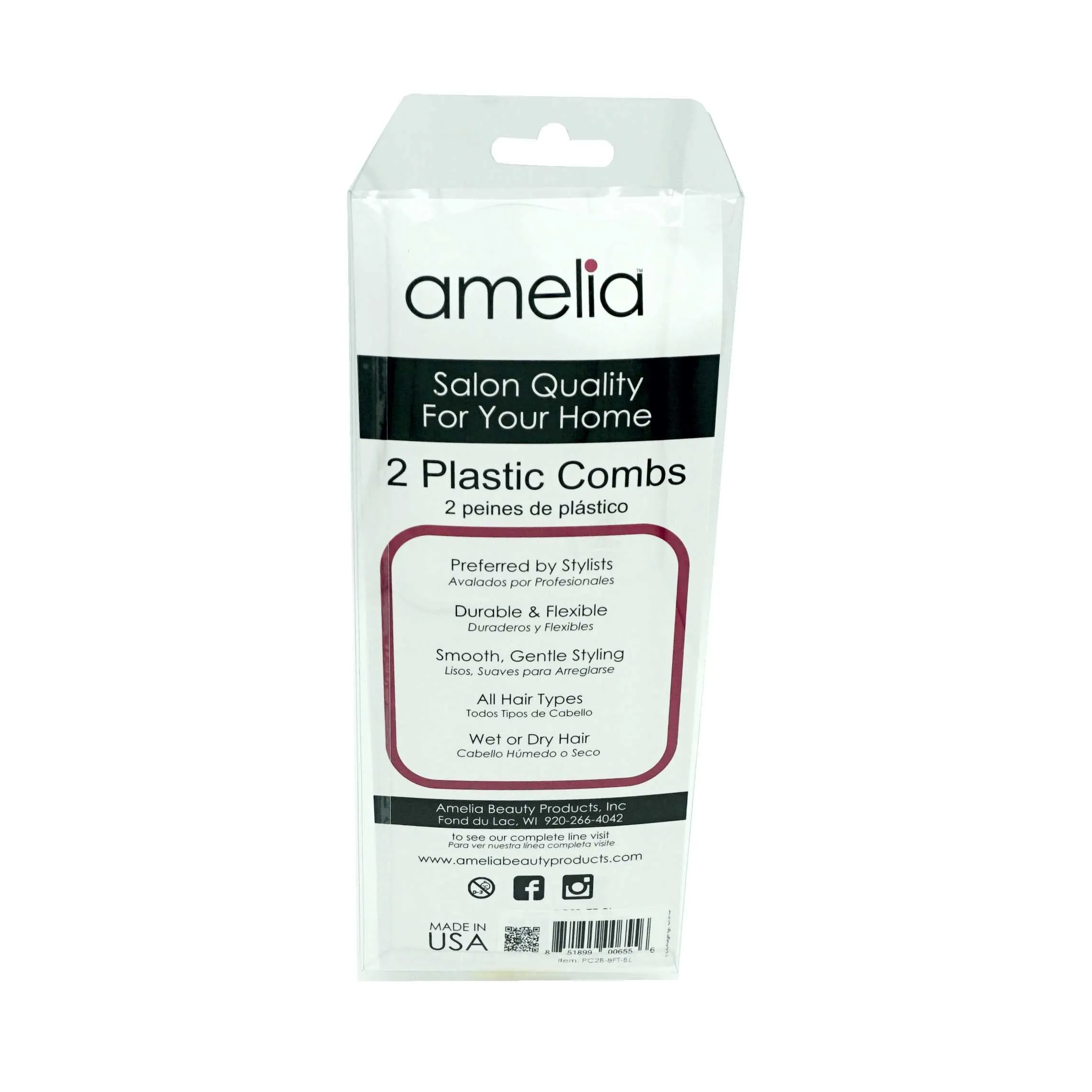 Amelia Beauty, 8.75in Black Plastic Flattop Butch Comb, Made in USA, Professional Grade Hair Comb, For Clipper Cuts and Flattops, Wet or Dry, Everyday Styling Cutting Hair Styling Tool,  2 Pack