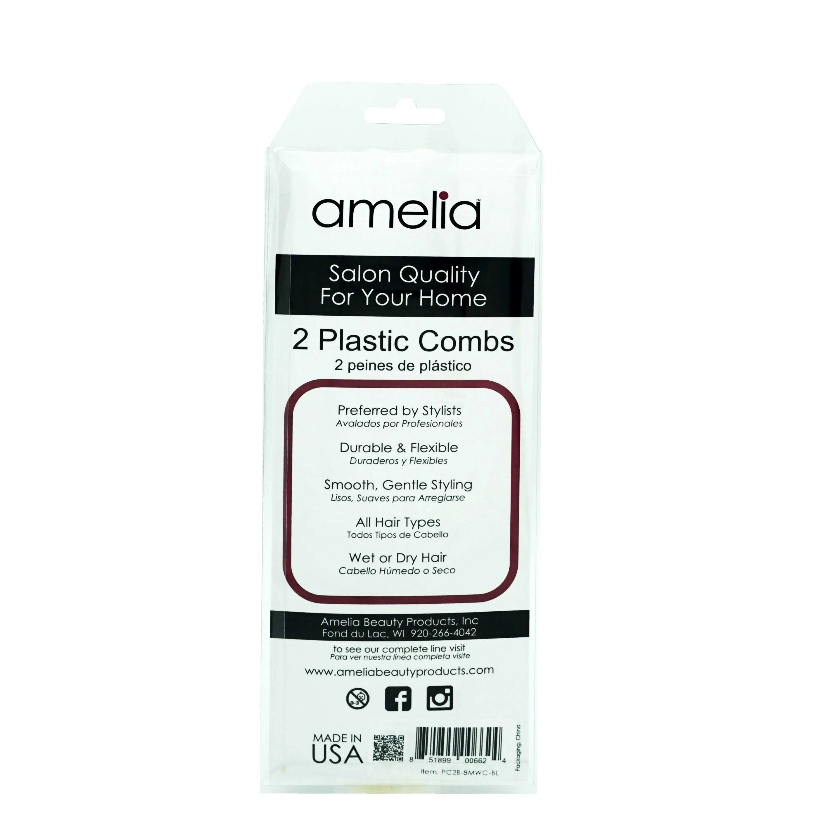 Amelia Beauty, 8in Black Plastic Master Wave Styling Comb, Made in USA, Professional Grade Hair Comb, Everyday Styling, Thick Hair, Wet or Dry, Everyday Styling Cutting Hair Styling Tool, 2 Pack