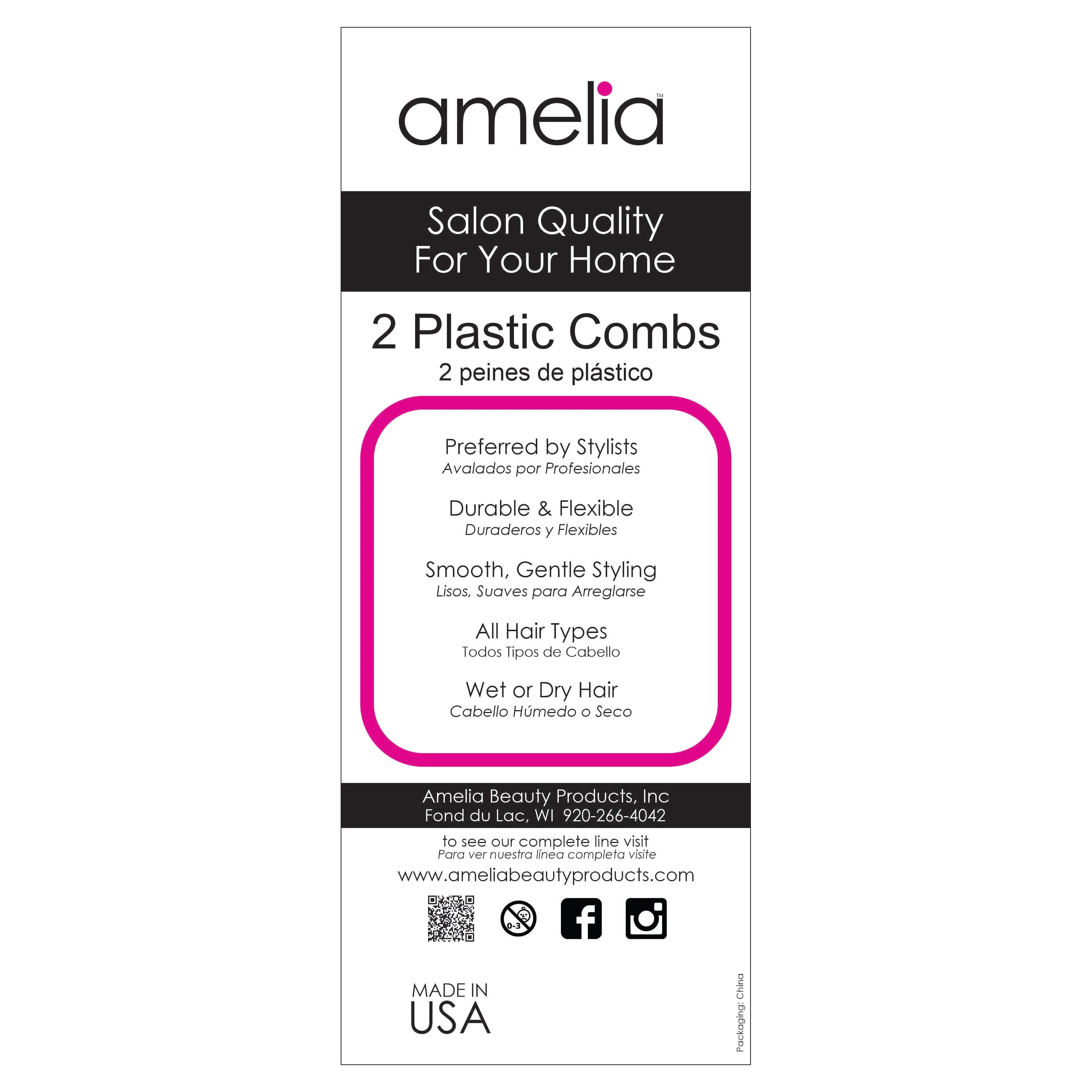 Amelia Beauty, 8in Plastic Wide Detangling Shower Comb, Made in USA, Professional Grade Comb, 2 Pack